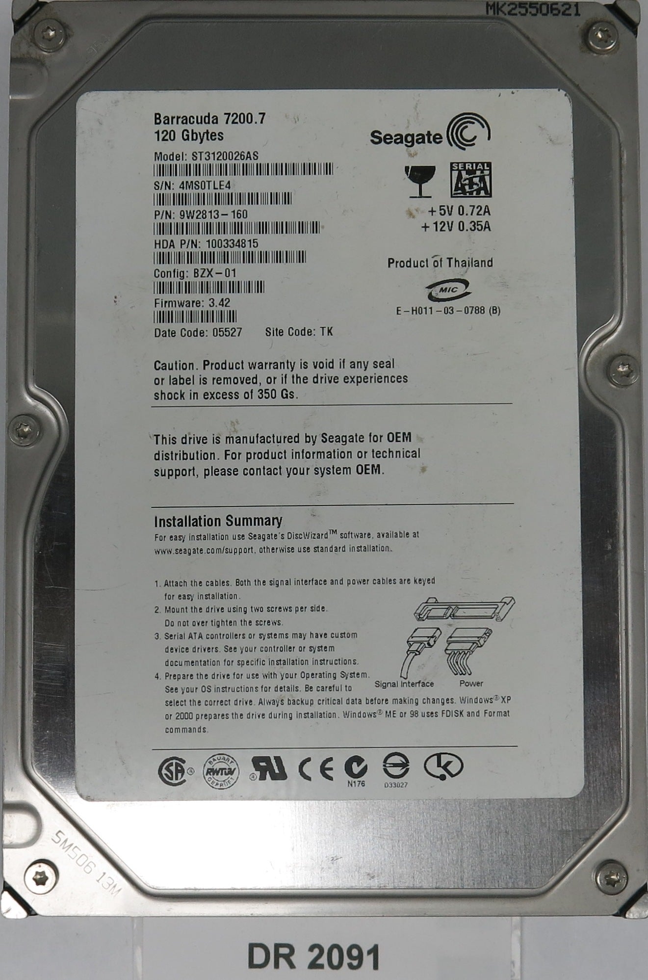 ST3120026AS, P/N: 9W2813-160, FW: 3.42, Serial: 4MS0TLE4, 120GB 3.5, PCB: 10033632 REV A
