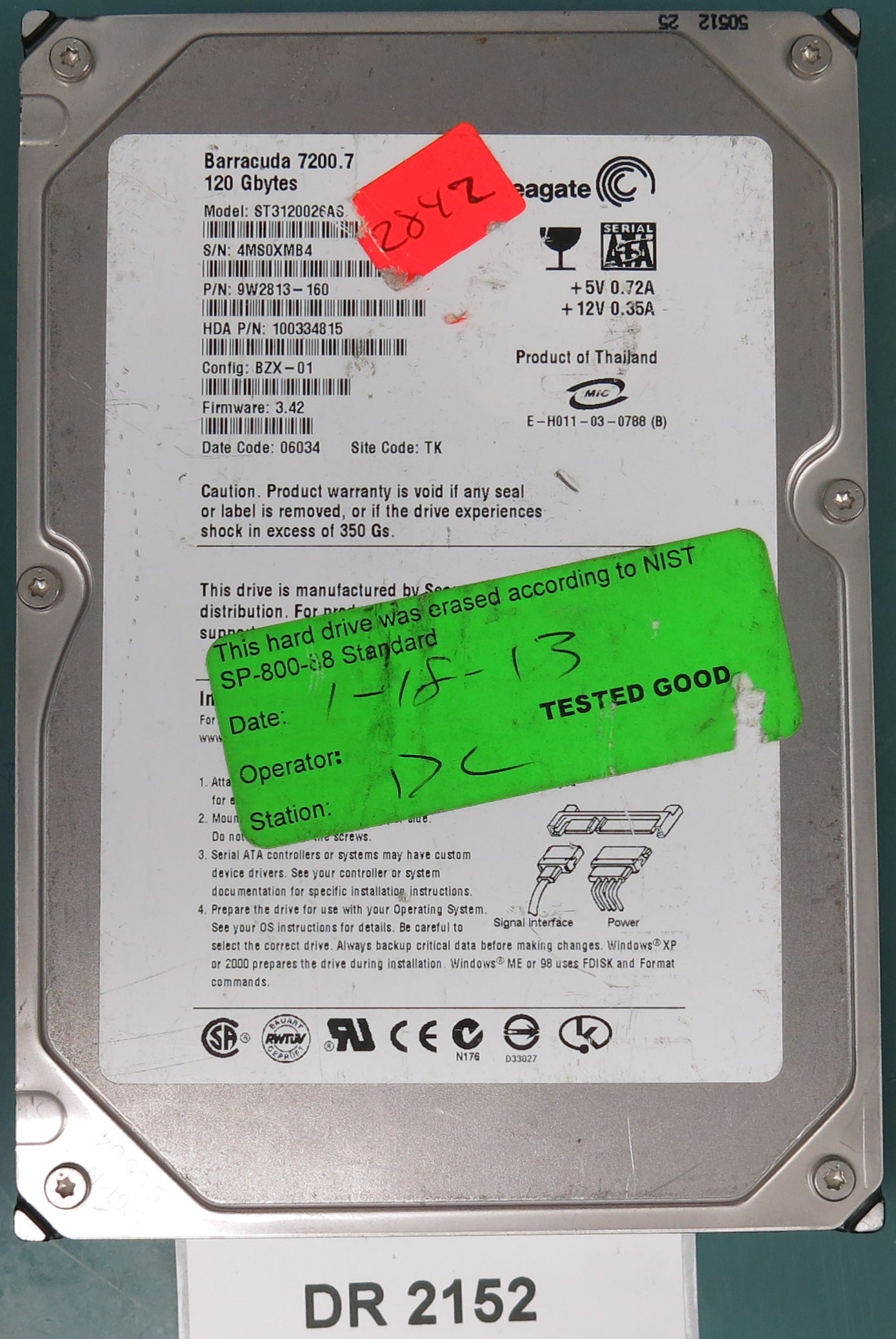 ST3120026AS, P/N: 9W2813-160, FW: 3.42, Serial: 4MS0XMB4, 120GB 3.5,  PCB: 100336321 REV B