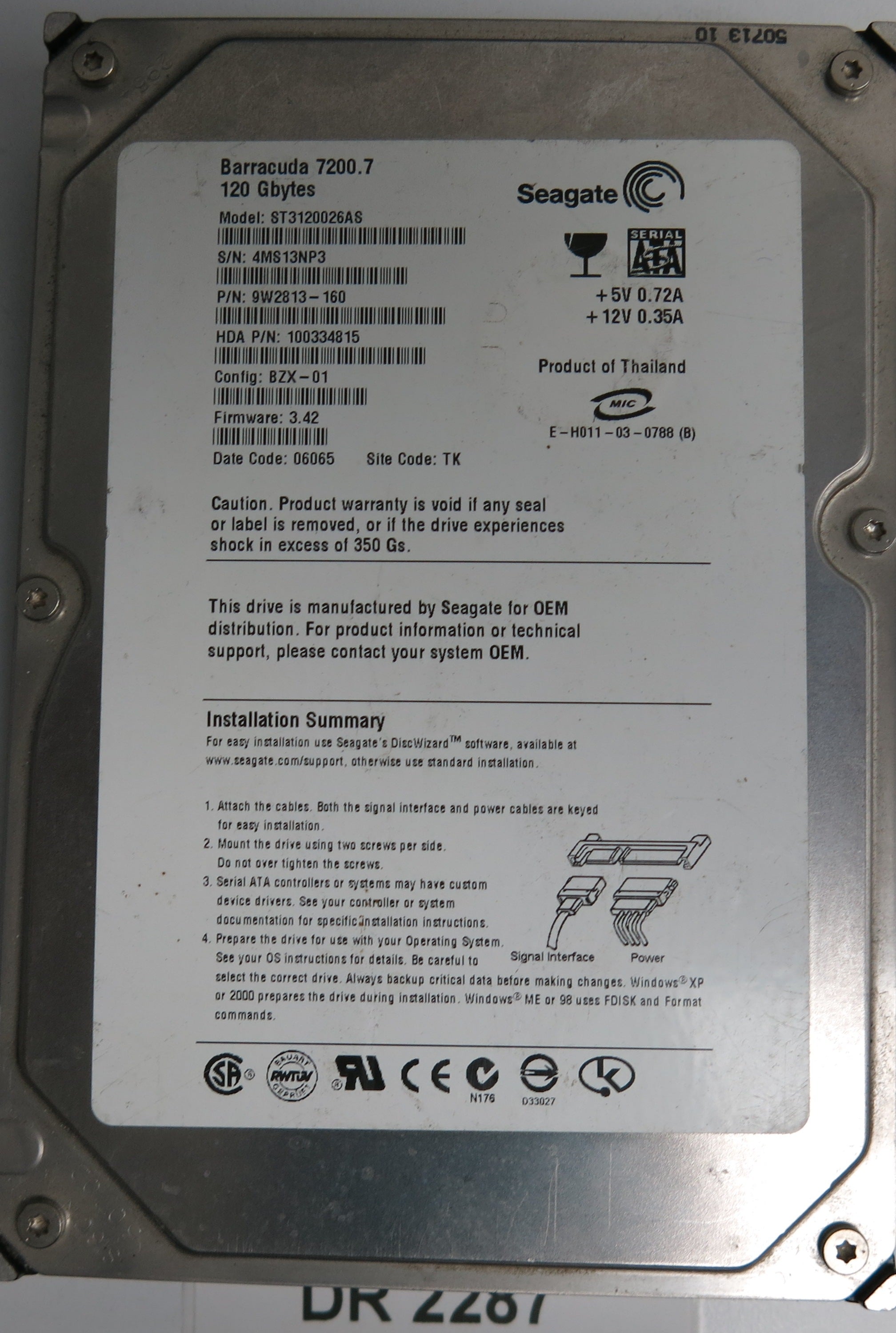 ST3120026AS, P/N: 9W2813-160, FW: 3.42, Serial: 4MS13NP3, 120GB 3.5, PCB: 100336321 REV B