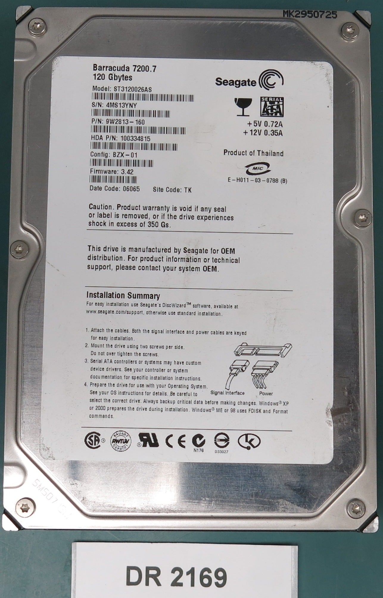 ST3120026AS, P/N: 9W2813-160, FW: 3.42, Serial: 4MS13YNY, 12 0GB 3.5, PCB: 100336321 REV B