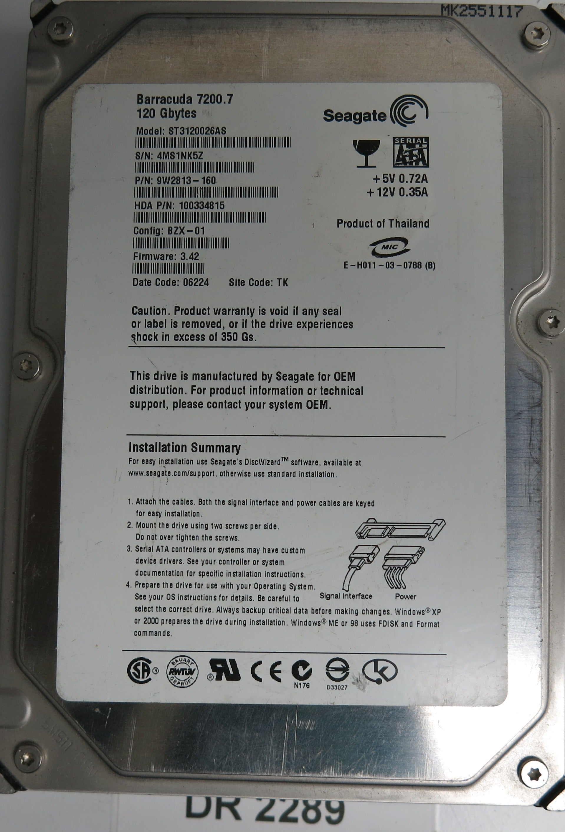 ST3120026AS, P/N: 9W2813-160, FW: 3.42, Serial: 4MS1NK5Z, 120GB 3.5