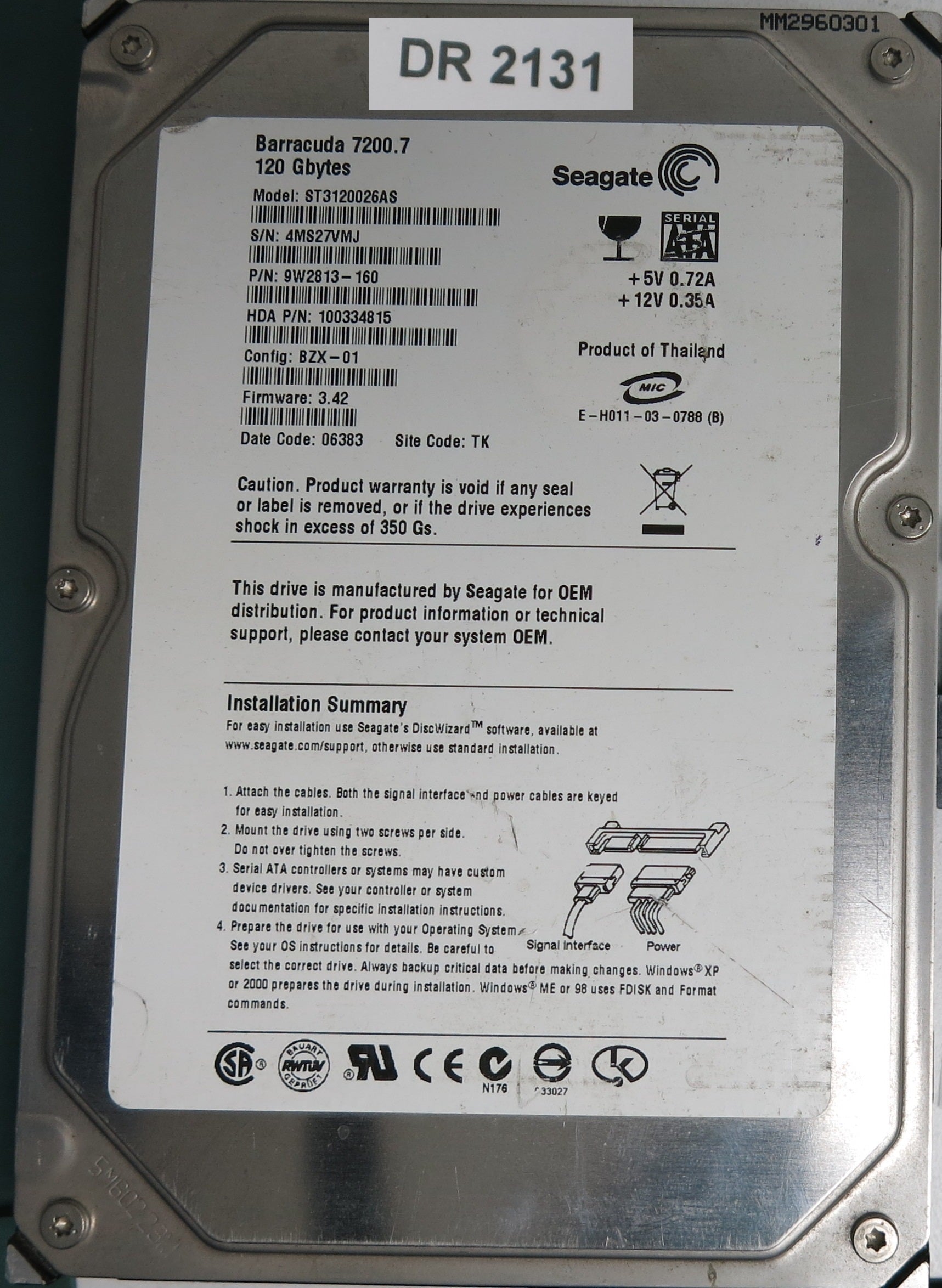 ST3120026AS, P/N: 9W2813-160, FW: 3.42, Serial: 4MS27VMJ, 120GB 3.5