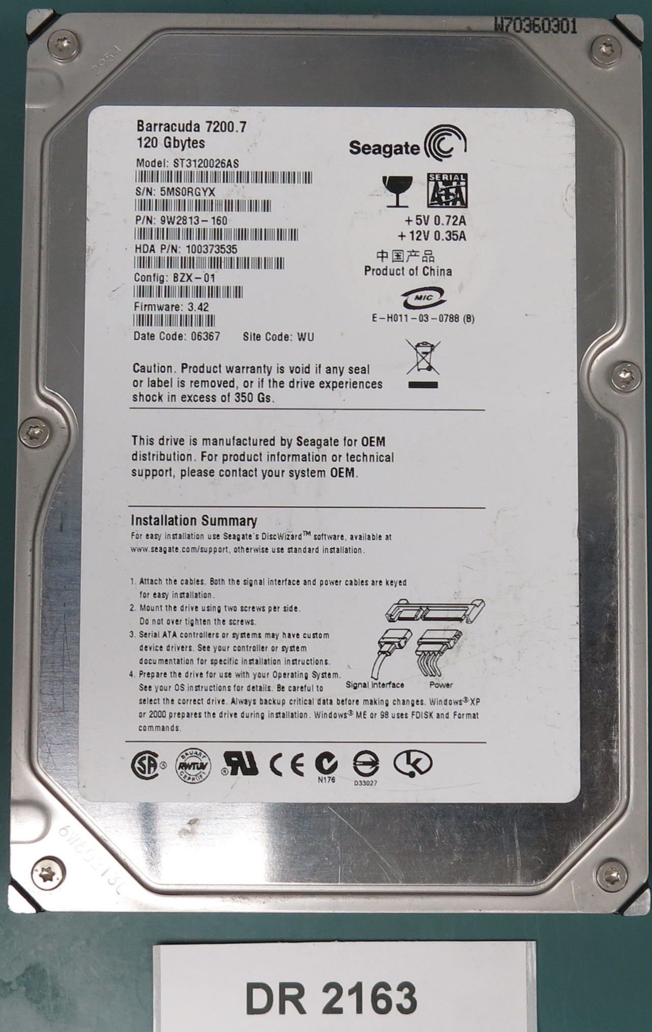 ST3120026AS, P/N: 9W2813-160, FW: 3.42, Serial: 5MS0RGYX, 120GB 3.5, PCB: 100336321 REV B