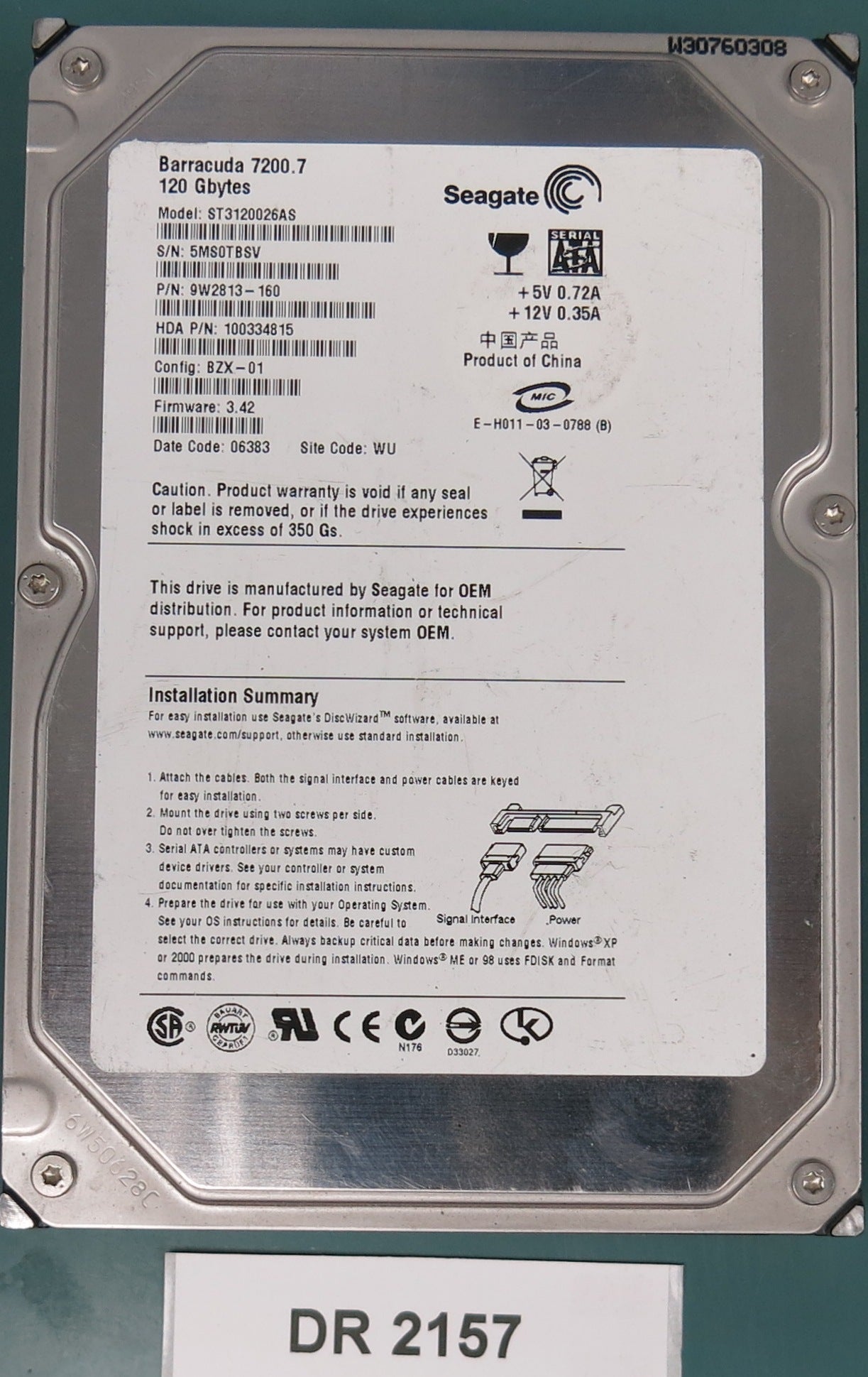 ST3120026AS, P/N: 9W2813-160, FW: 3.42, Serial: 5MS0TBSV, 120GB 3.5, PCB: 100336321 REV B