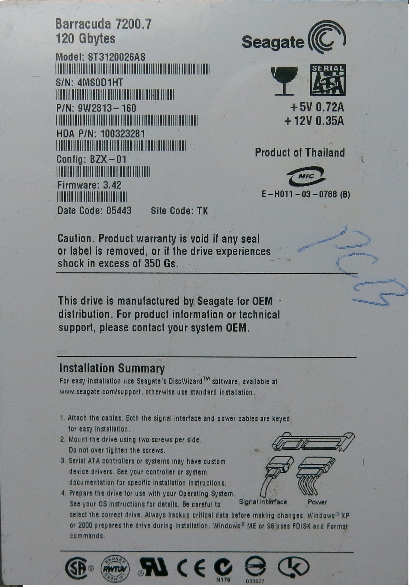 ST3120026AS PN 9W2813-160 100336321 REV A PCB