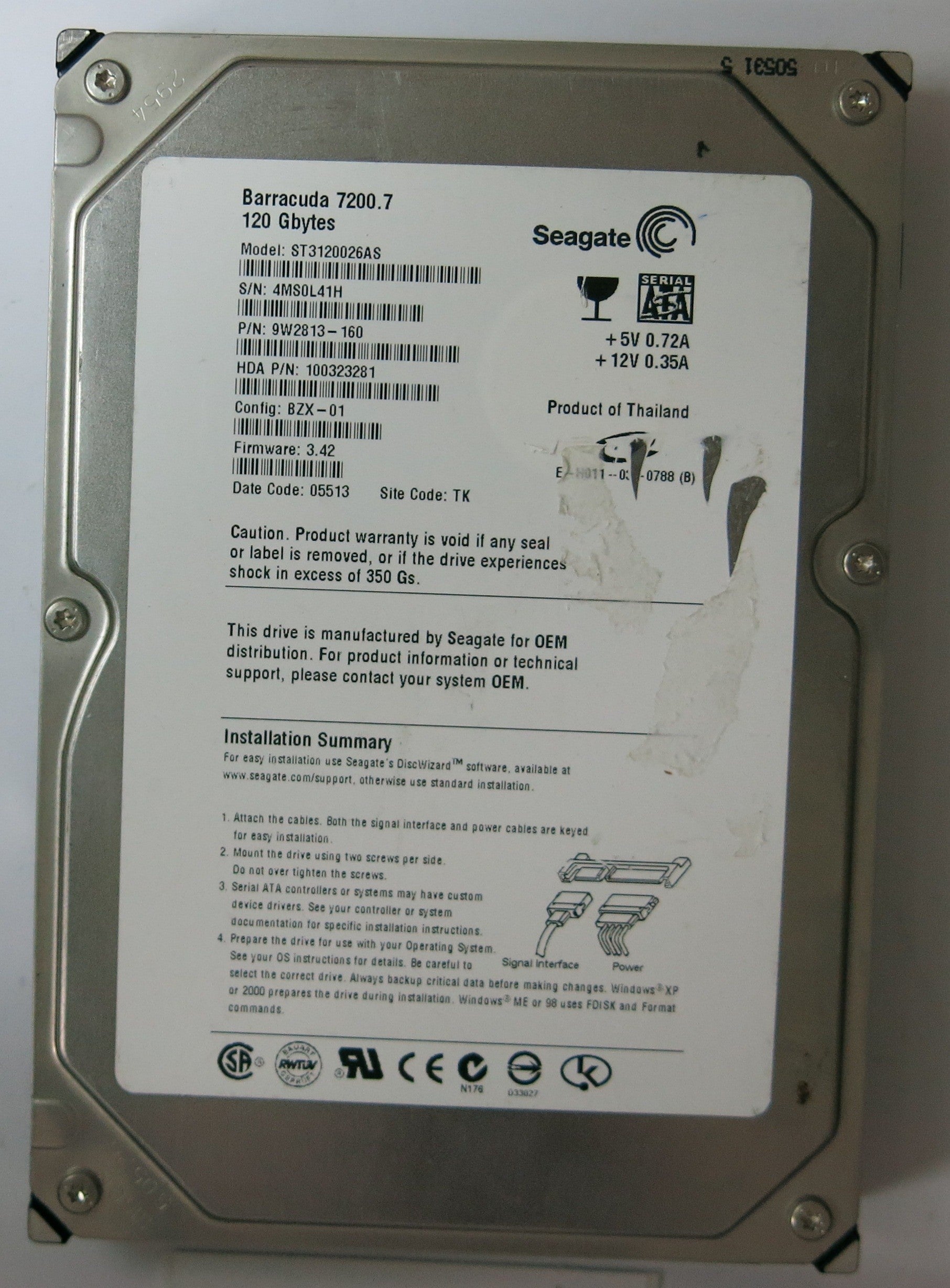ST3120026AS  PCB: 100336321 REV A  SERIAL NUMBER: 4MS0L41H  PN 9W2813-160  FW 3.42  120GB