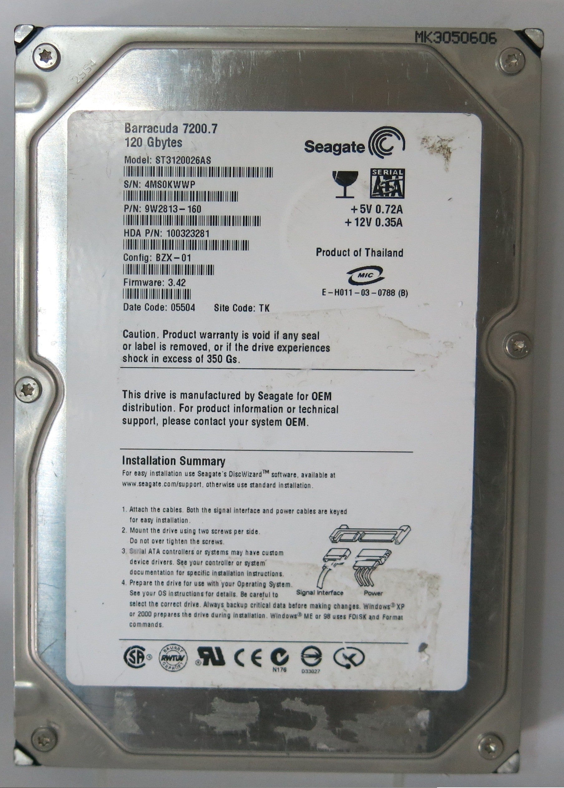 ST3120026AS PCB: 100336321 REV A SERIAL NUMBER: 4MS0KWWP PN 9W2813-160 FW 3.42 120GB
