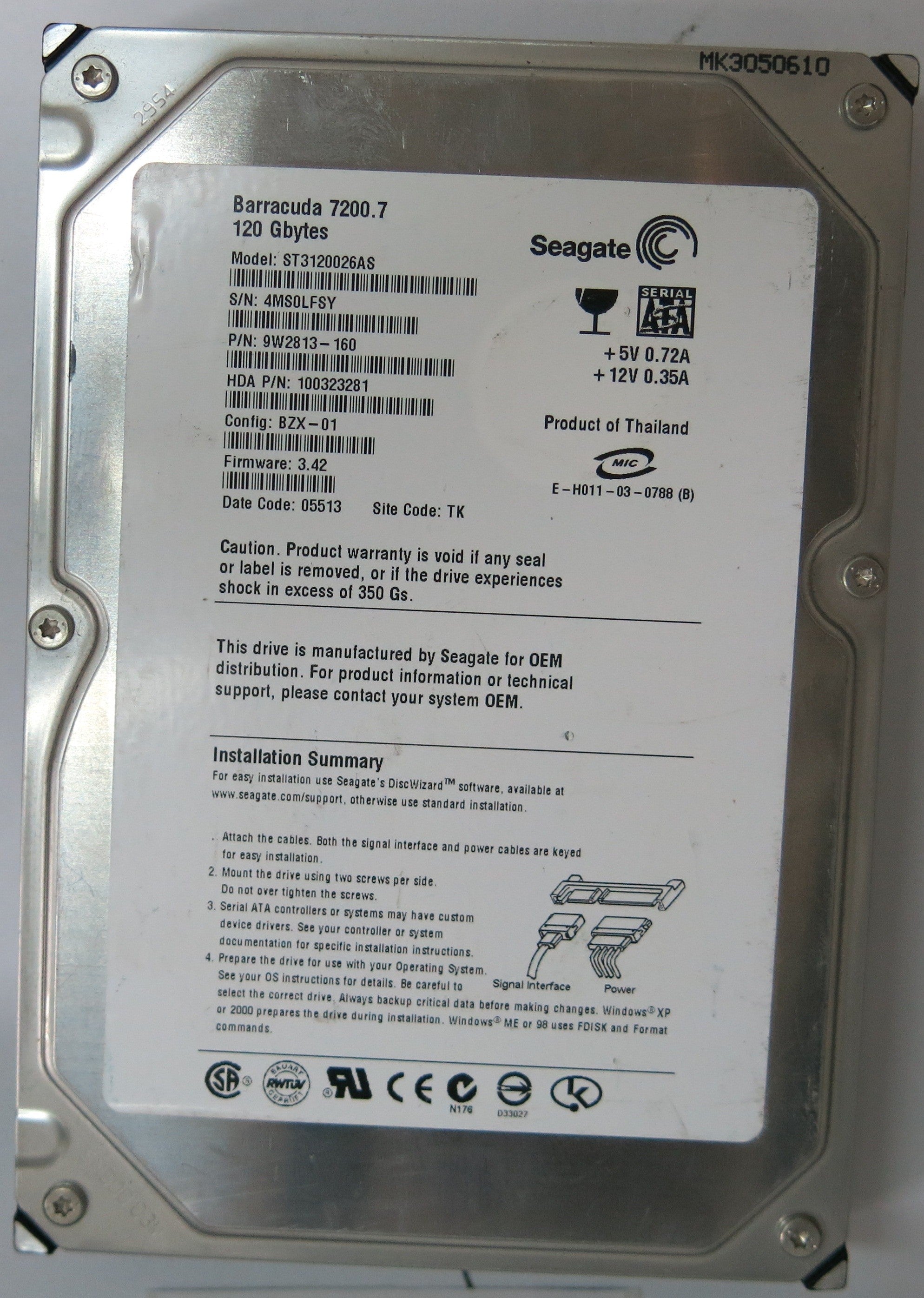 ST3120026AS PCB: 100336321 REV A SERIAL NUMBER: 4MS0LFSY PN 9W2813-160 FW 3.42 120GB