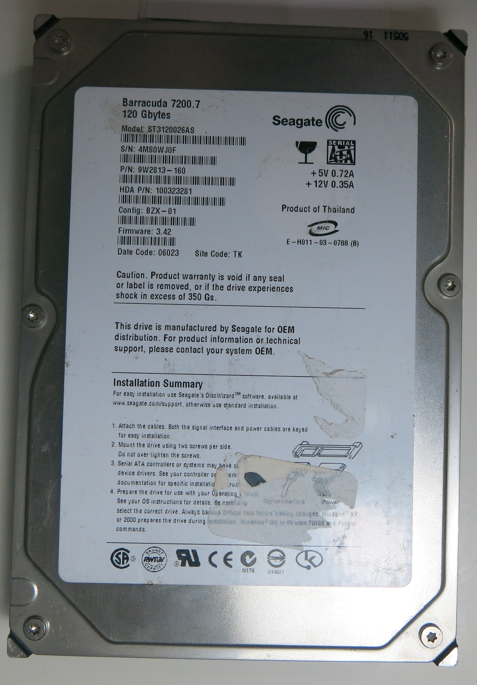 ST3120026AS,  Serial:4MS0WJ0F,  120GB 3.5,  PCB:100336321- REV A