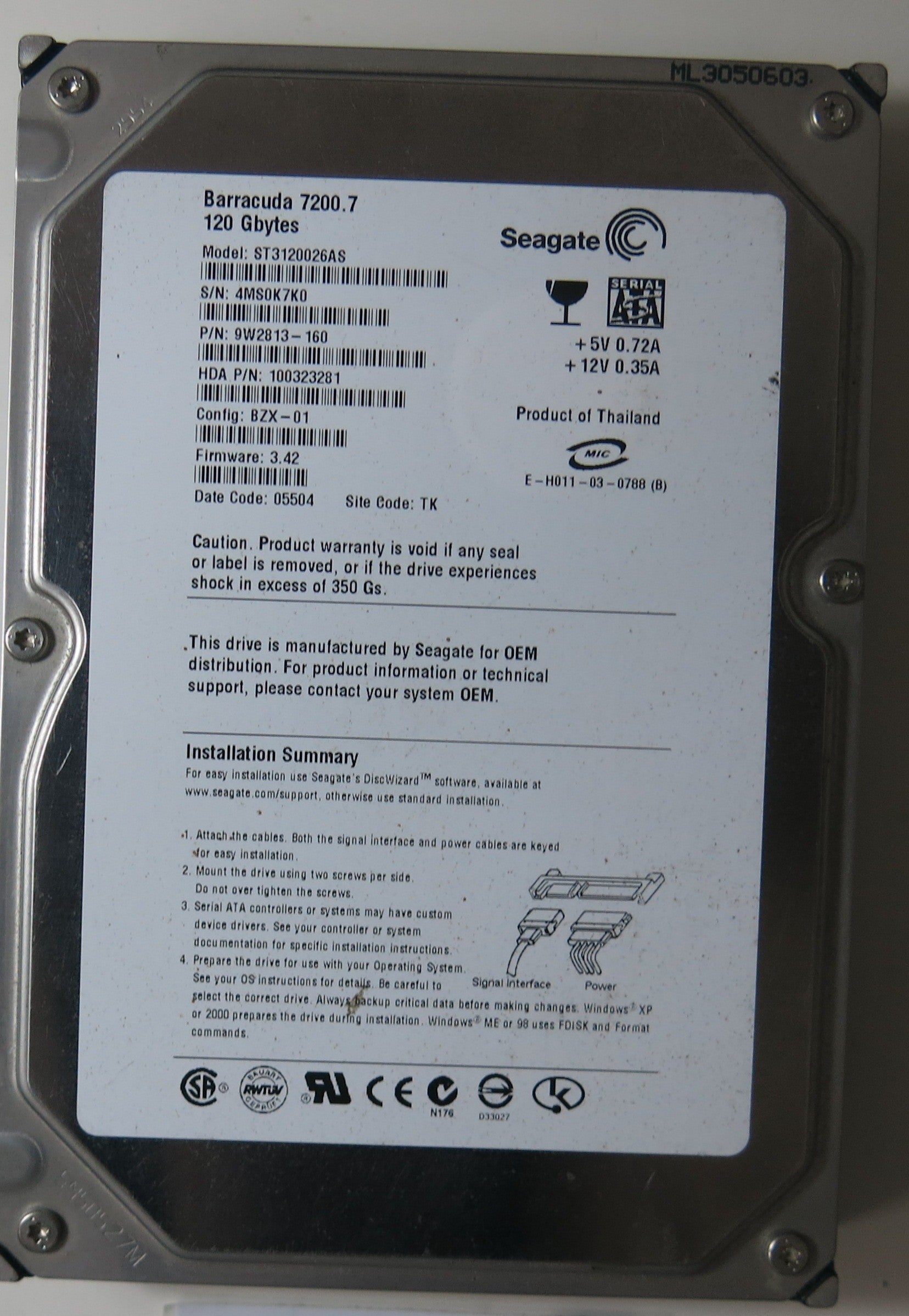 ST3120026AS PCB: 100336321 REV C SERIAL NUMBER: 4MS0K7K0 PN 9W2813-160 FW 3.42 120GB