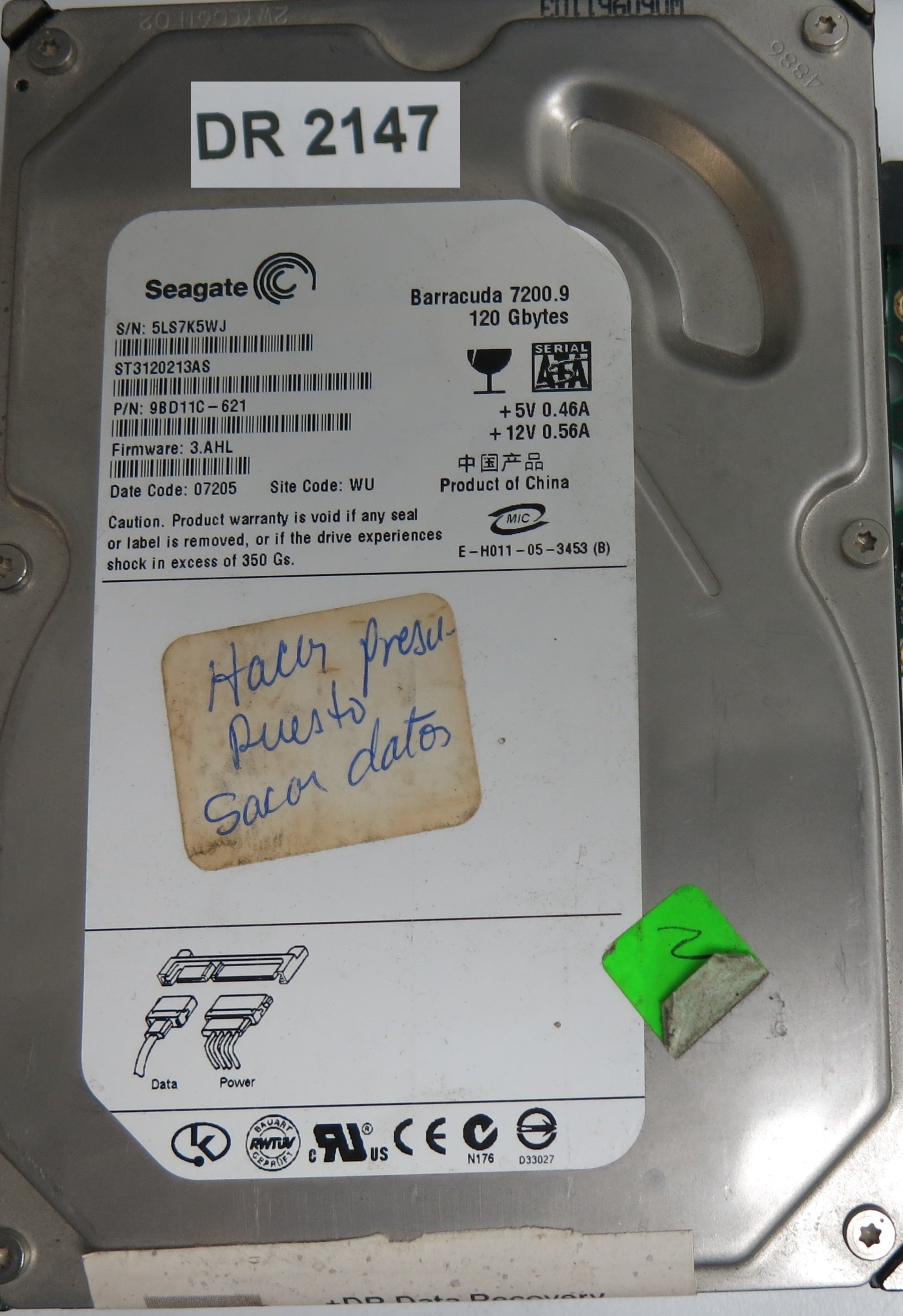 ST3120213AS, P/N: 9BD11C-621, FW: 3.AHL, Serial: 5LS7K5WJ, 120GB 3.5, PCB: 100355589 REV C