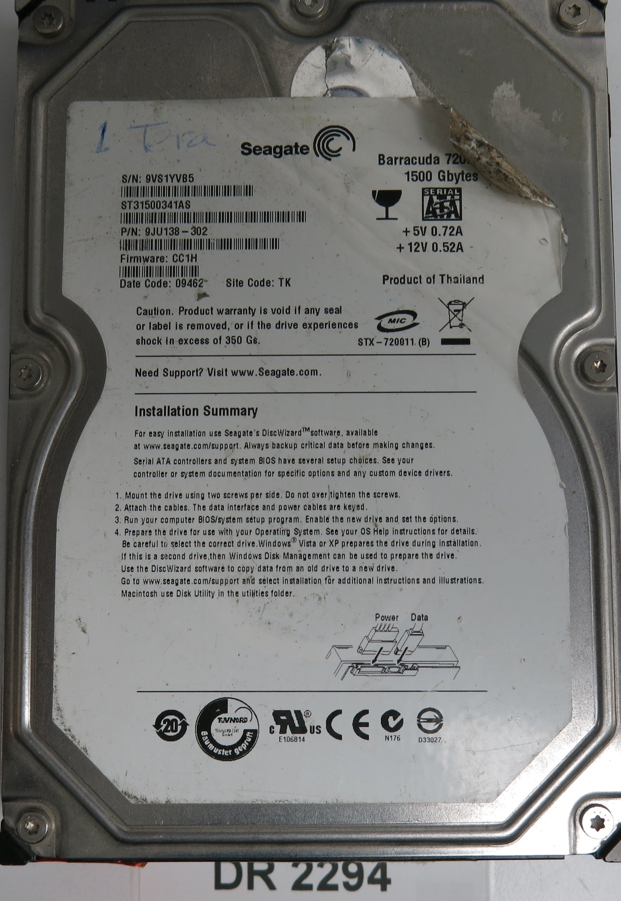 ST31500341AS, P/N: 9JU138-302, FW: CC1H, Serial: 9VS1YVB5, 1500GB 3.5, PCB: 100530756 REV A