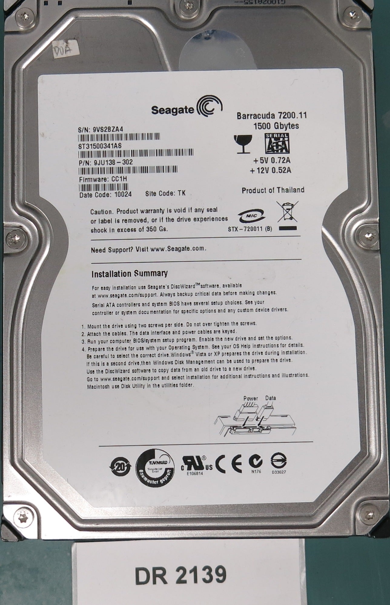 ST31500341AS, P/N: 9JU138-302, FW: CC1H, Serial: 9VS2BZA4, 1500GB 3.5, PCB: 100530756 REV A