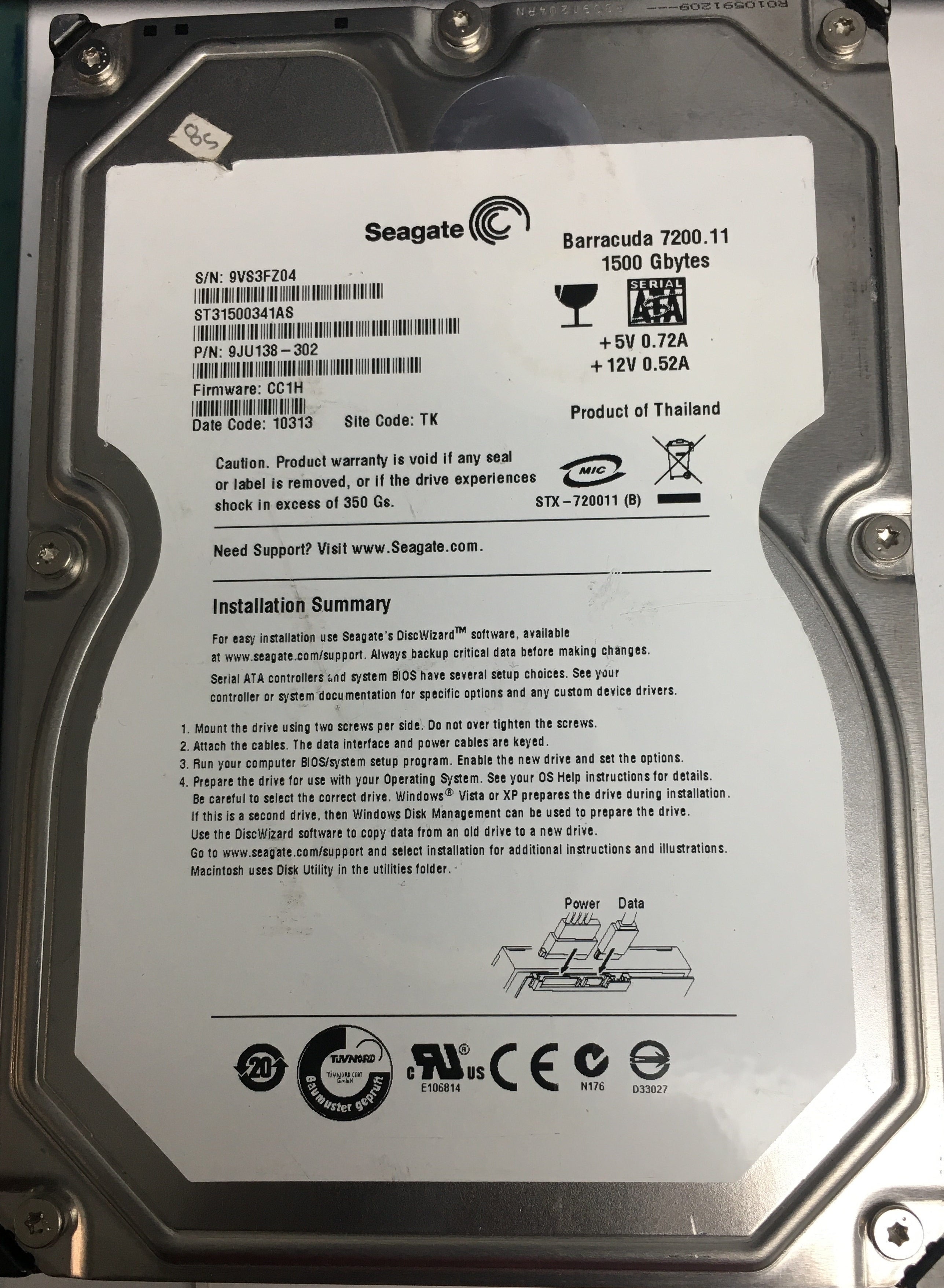 ST31500341AS P/N: 9JU138-302 FW: CC1H Serial: 9VS3FZ04 1500GB 3.5 PCB: 100530756 REV A