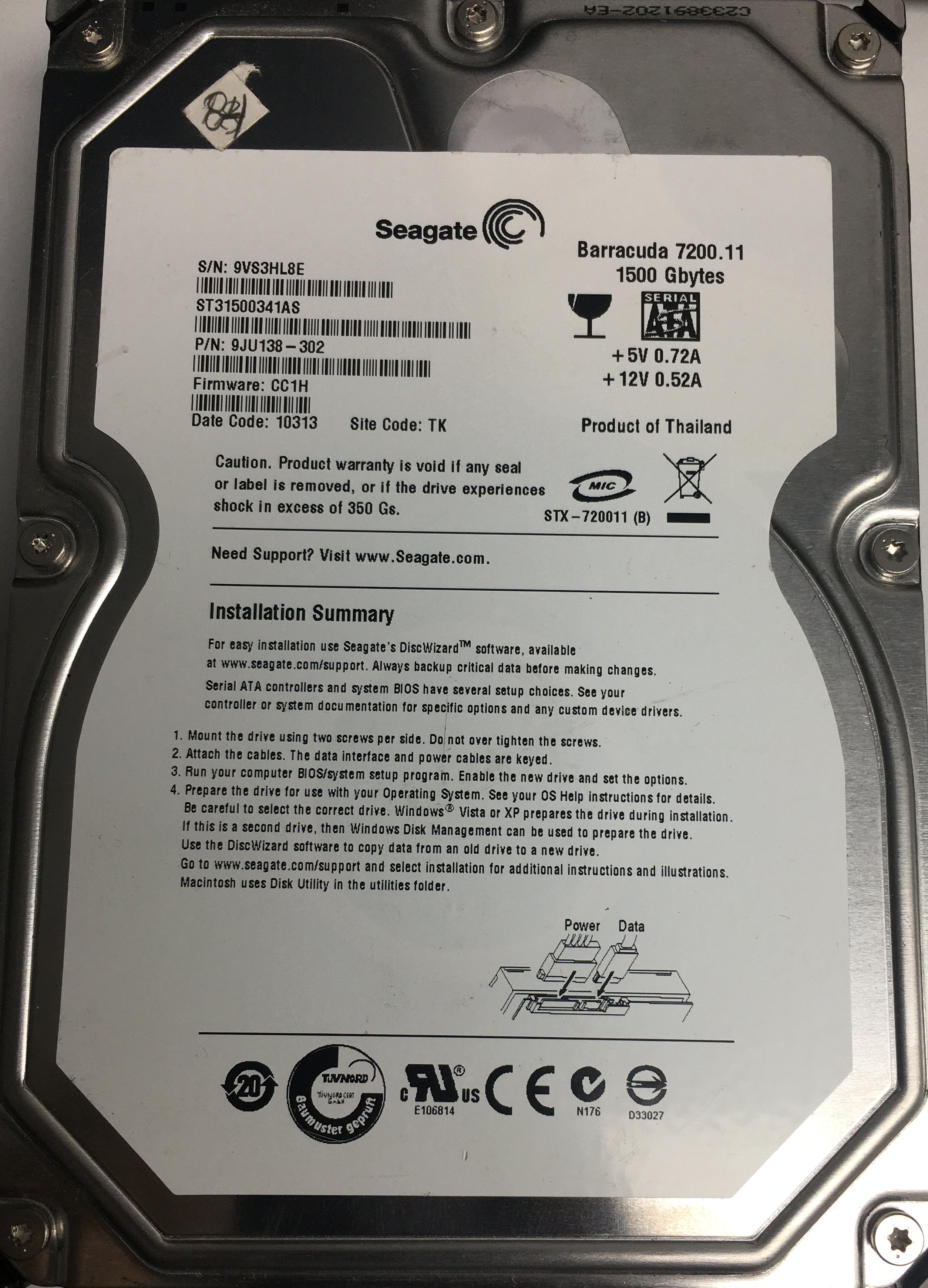 ST31500341AS P/N: 9JU138-302 FW: CC1H Serial: 9VS3HL8E 1500GB 3.5 PCB: 100530756 REV A