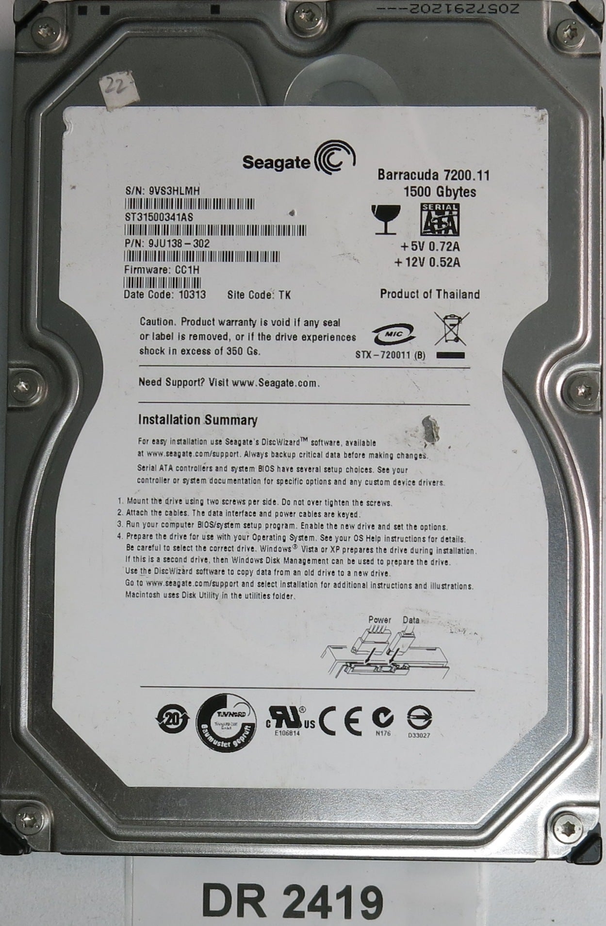ST31500341AS, P/N: 9JU138-302, FW: CC1H, Serial: 9VS3HLMH, 1500GB 3.5, PCB: 100530756 REV A