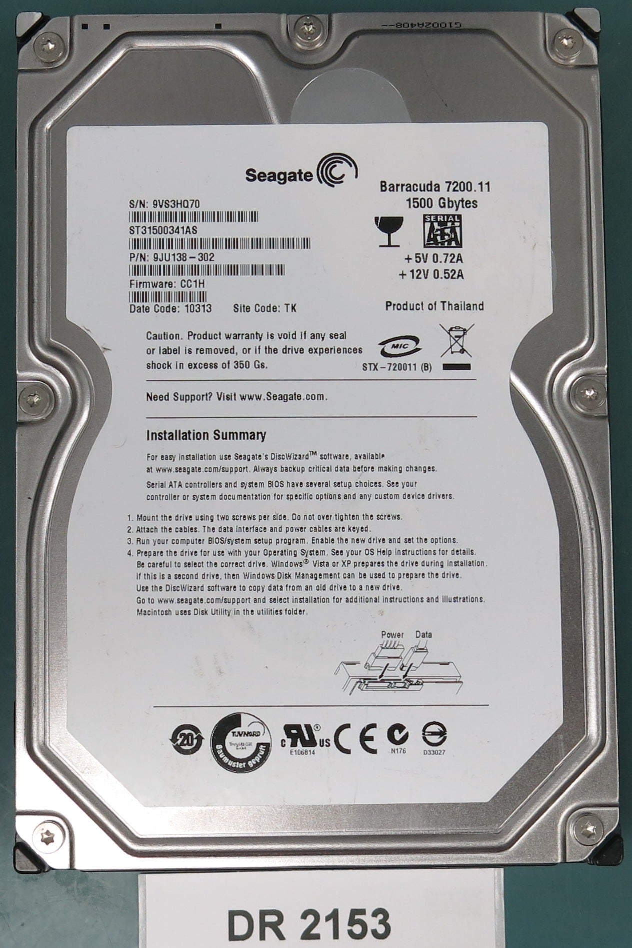 ST31500341AS, P/N: 9JU138-302, FW: CC1H, Serial: 9VS3HQ70, 1500GB 3.5, PCB: 100530756 REV A
