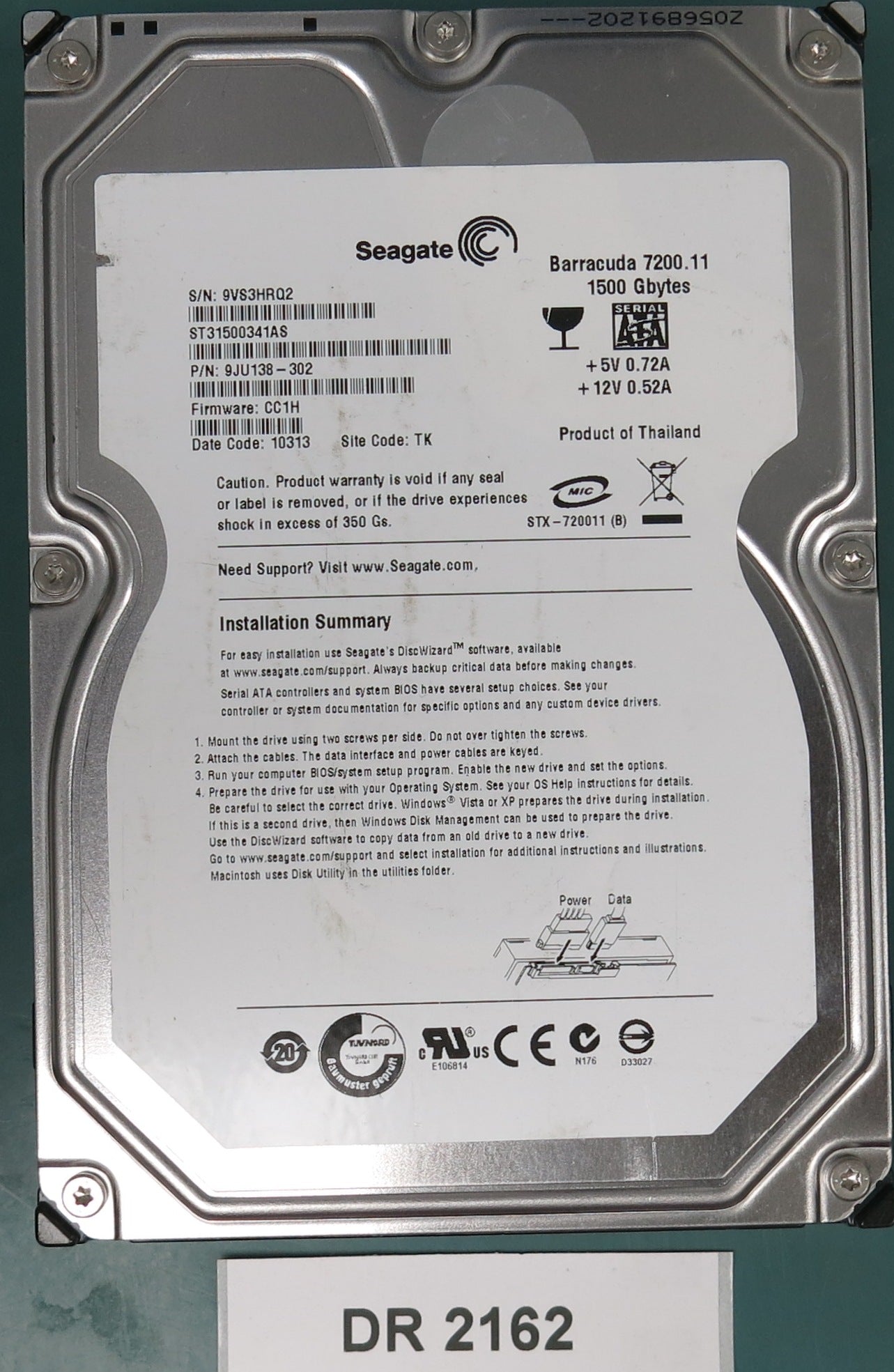 ST31500341AS, P/N: 9JU138-302, FW: CC1H, Serial: 9VS3HRQ2, 1500GB 3.5, PCB: 100530756 REV A