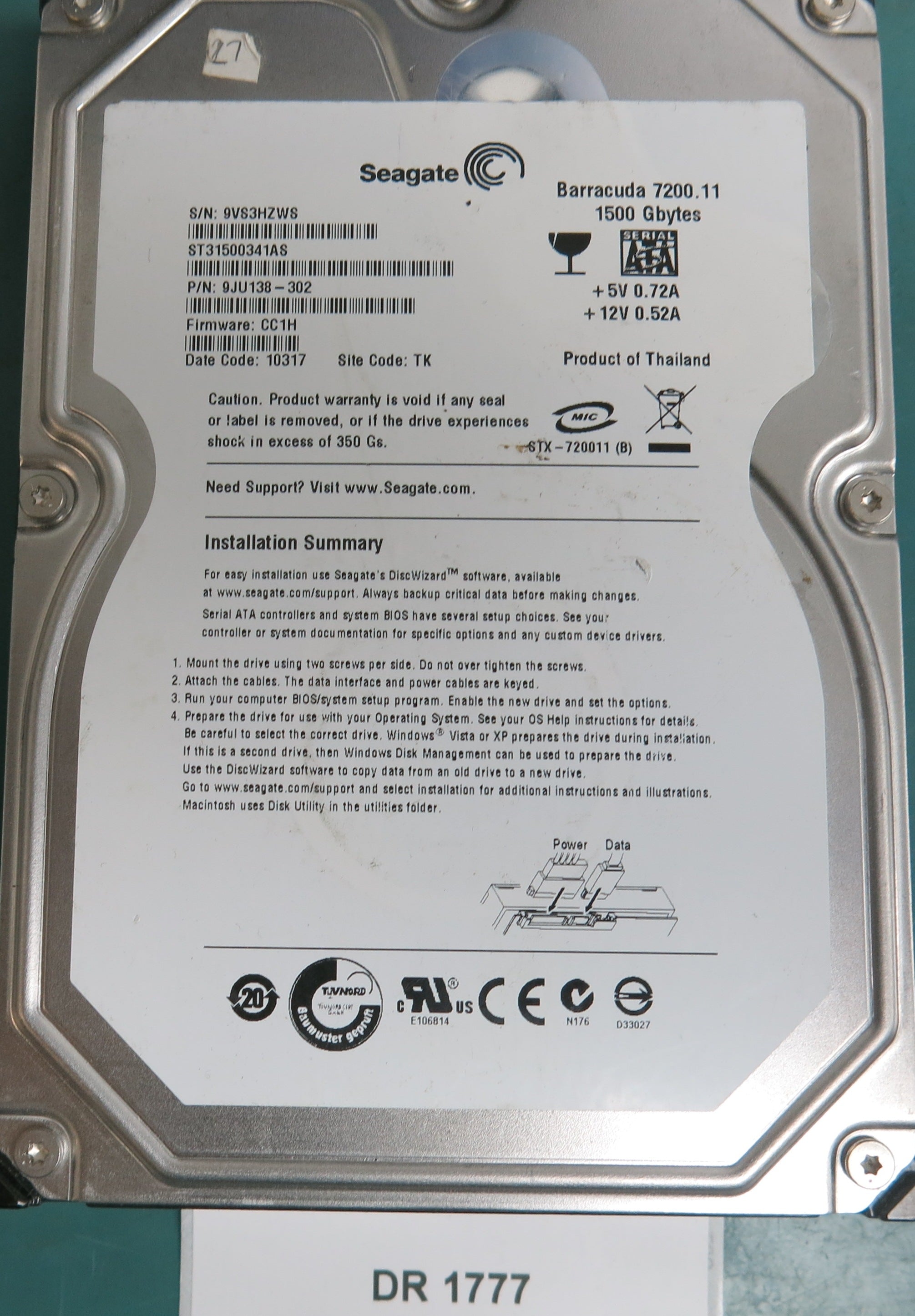 ST31500341AS, P/N: 9JU138-302, FW: CC1H, Serial: 9VS3HZWS, 1500GB 3.5