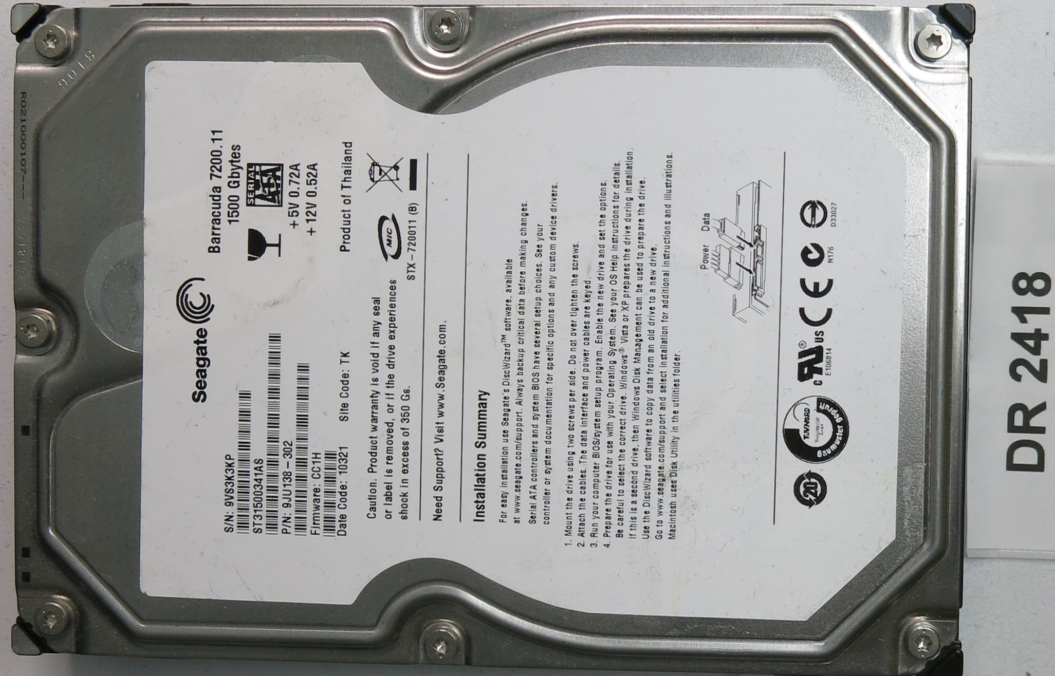 ST31500341AS, P/N: 9JU138-302, FW: CC1H, Serial: 9VS3K3KP, 1500GB 3.5, PCB: 100530756 REV A
