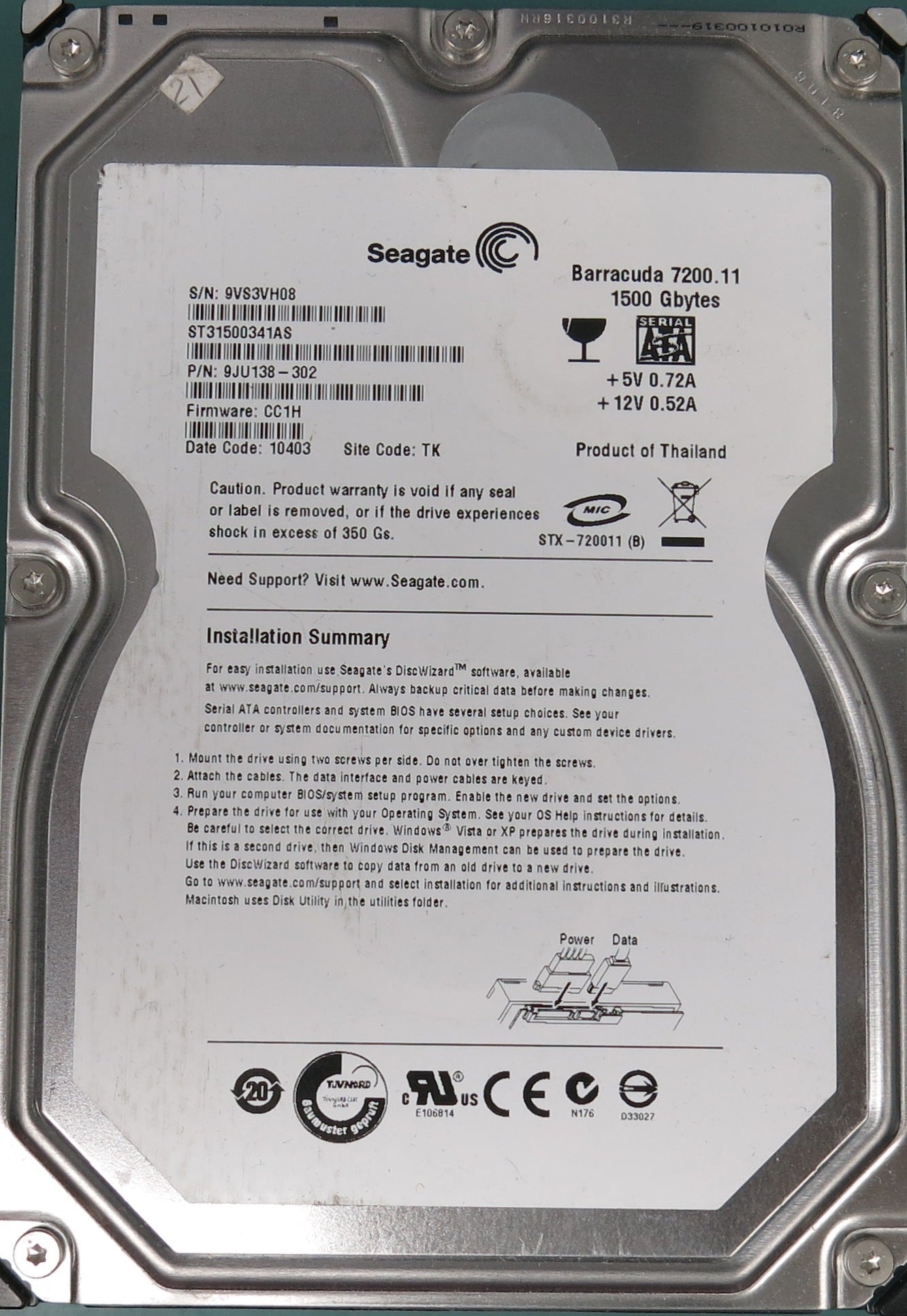 ST31500341AS, P/N: 9JU138-302, FW: CC1H, Serial: 9VS3VH08, 1500GB 3.5, PCB: 100530756 REV A