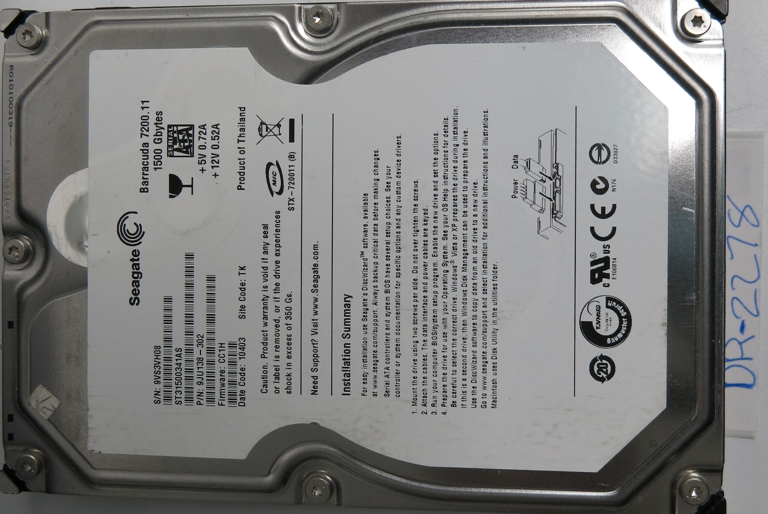 ST31500341AS, P/N: 9JU138-302, FW: CC1H, Serial: 9VS3VH08, 1500GB 3.5,  PCB: 100530756 REV A