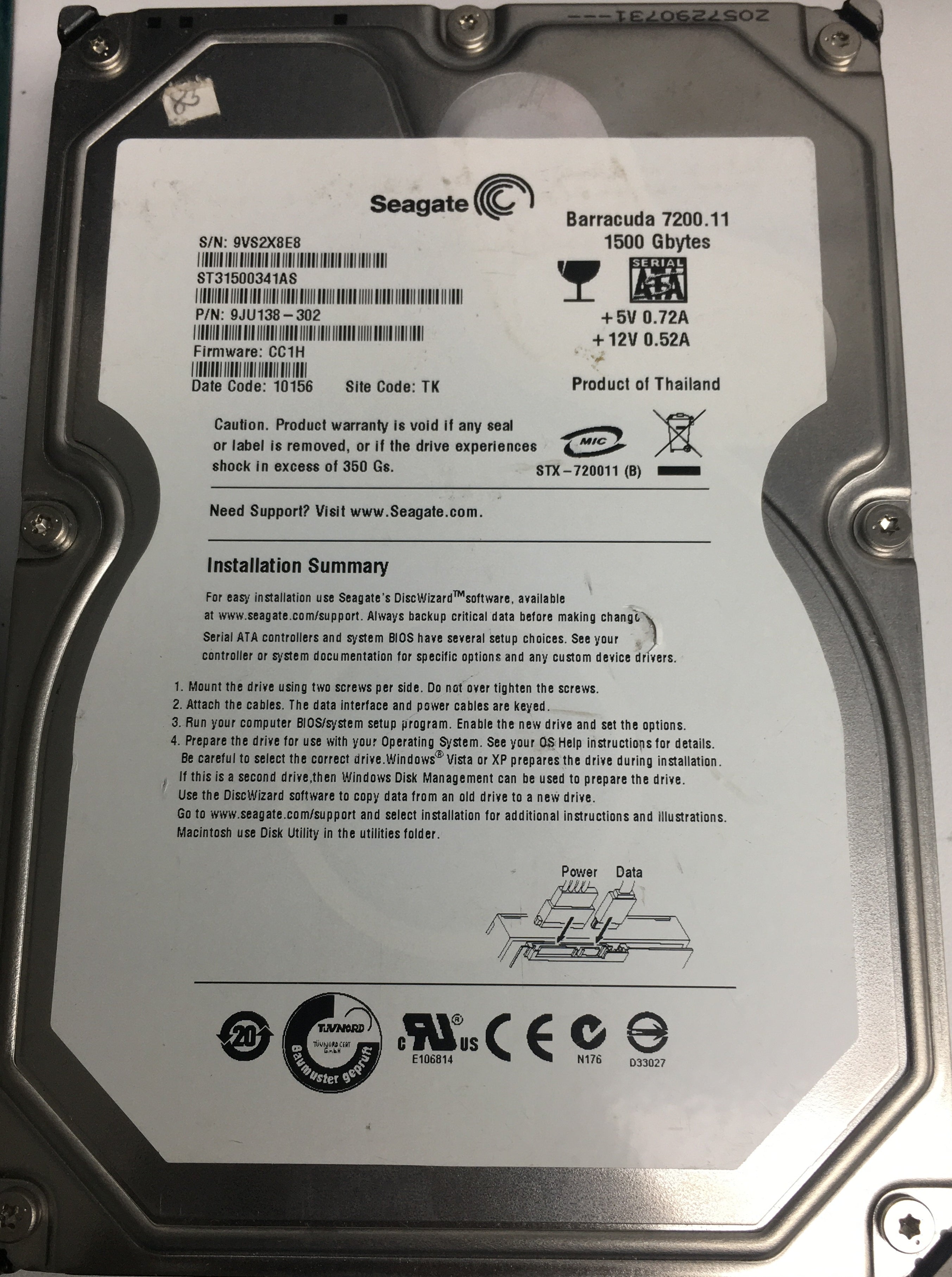 ST315003A1AS P/N: 9JU138-302 FW: CC1H Serial: 9VS2X8E8 1500GB 3.5 PCB: 100530756 REV A