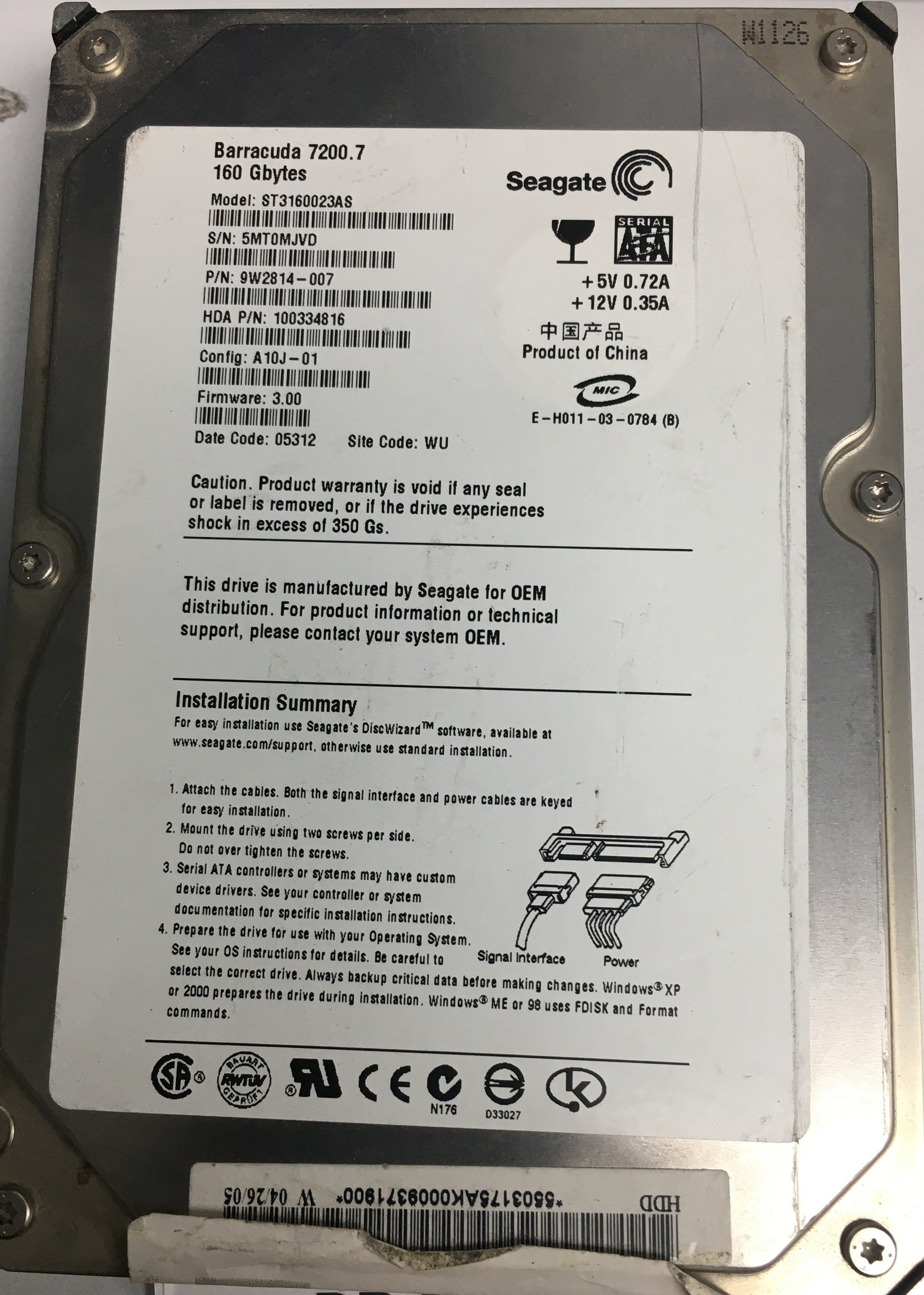 ST3160023AS P/N: 9W2814-007 FW: 3.00 Serial: 5MT0MJVD 160GB 3.5  PCB:  REV A