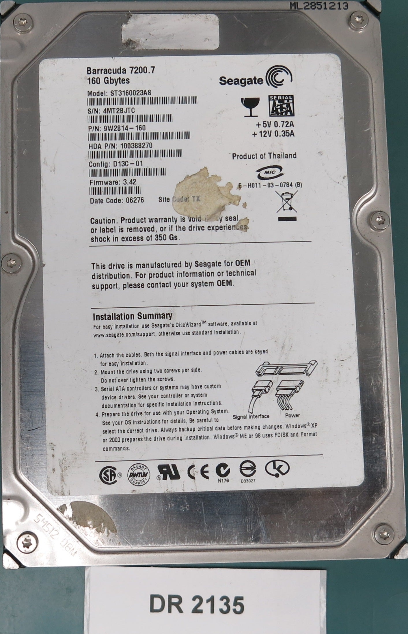 ST3160023AS, P/N: 9W2814-160, FW: 3.42, Serial: 4MT2BJTC, 160GB 3.5, PCB: 100336321 REV B