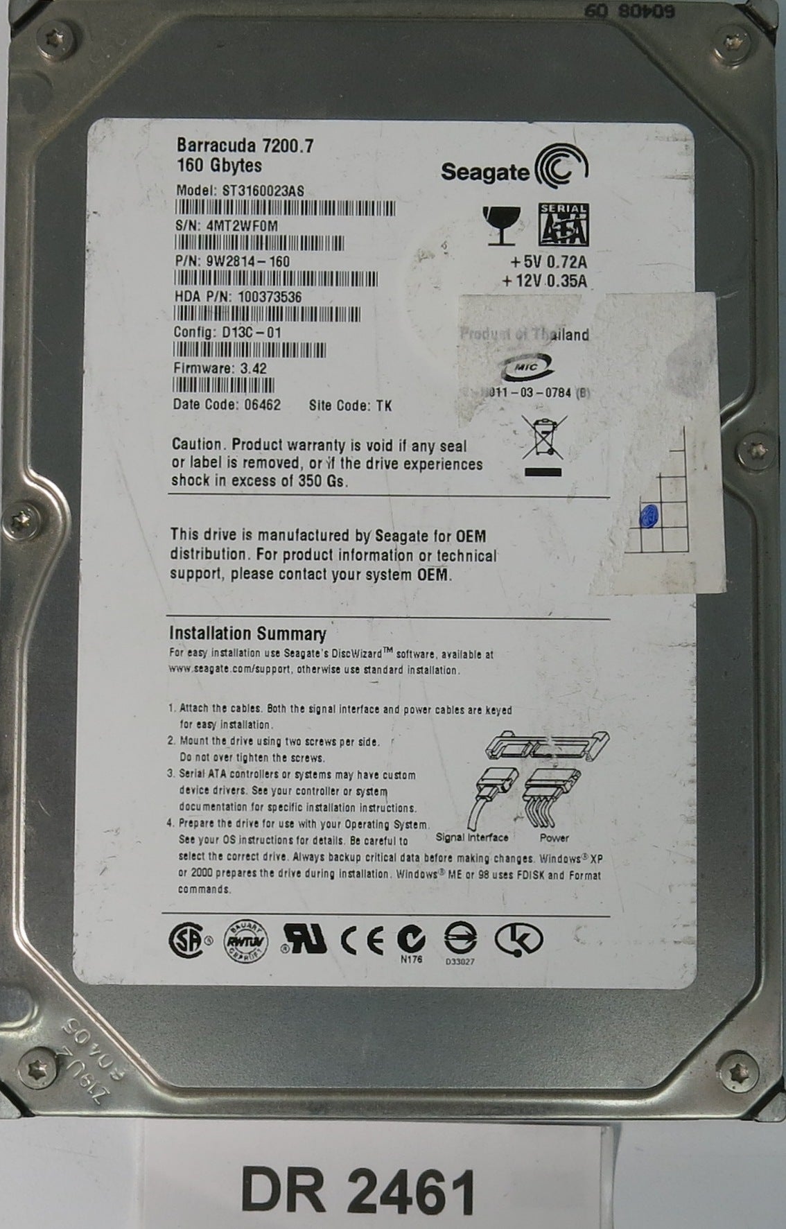 ST3160023AS, P/N: 9W2814-160, FW: 3.42, Serial: 4MT2WF0M, 160GB 3.5, PCB: 100336321 REV B