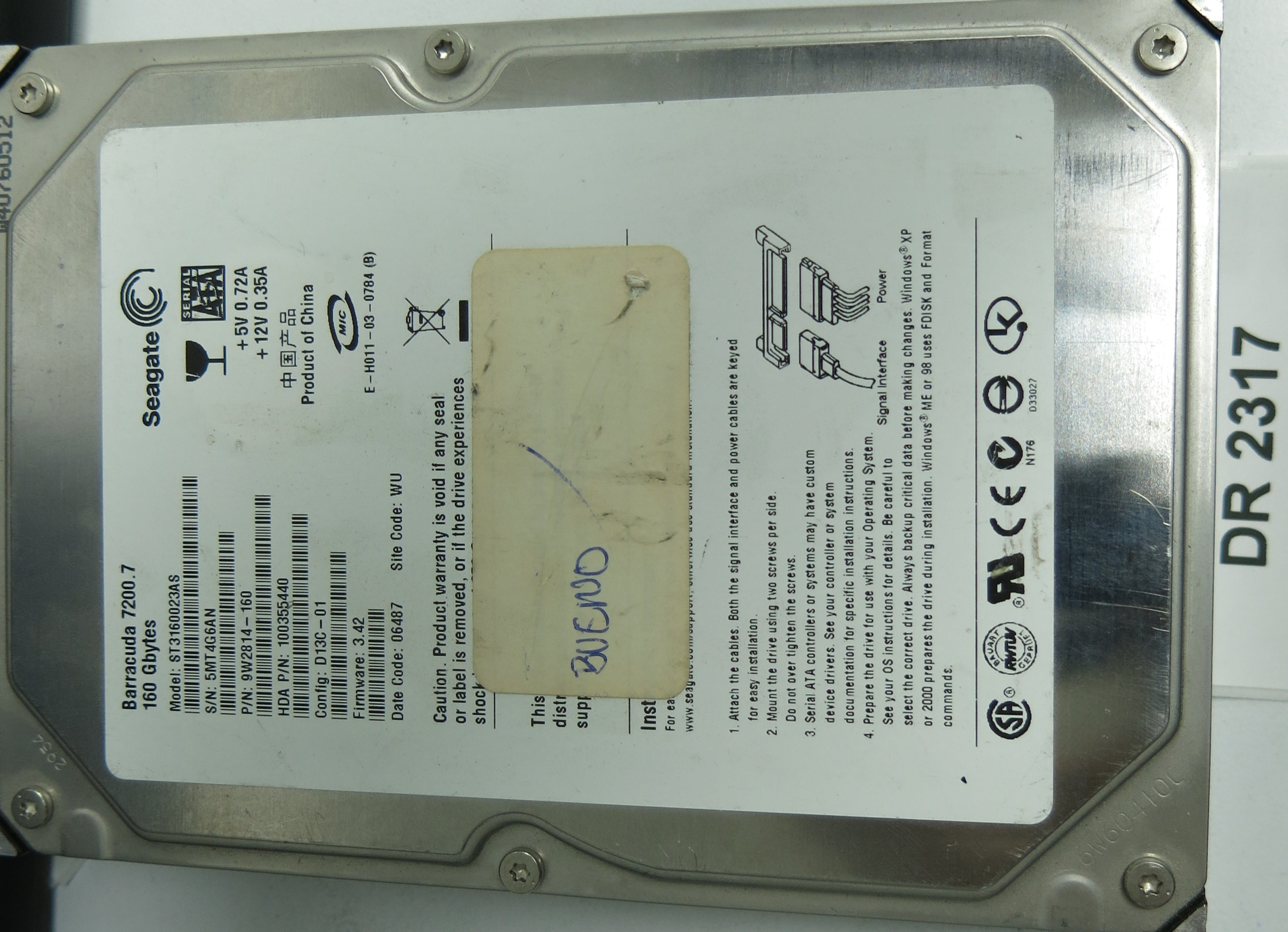 ST3160023AS, P/N: 9W2814-160, FW: 3.42, Serial: 5MT4G6AN, 160 GB 3.5, PCB: 100336321, REV B