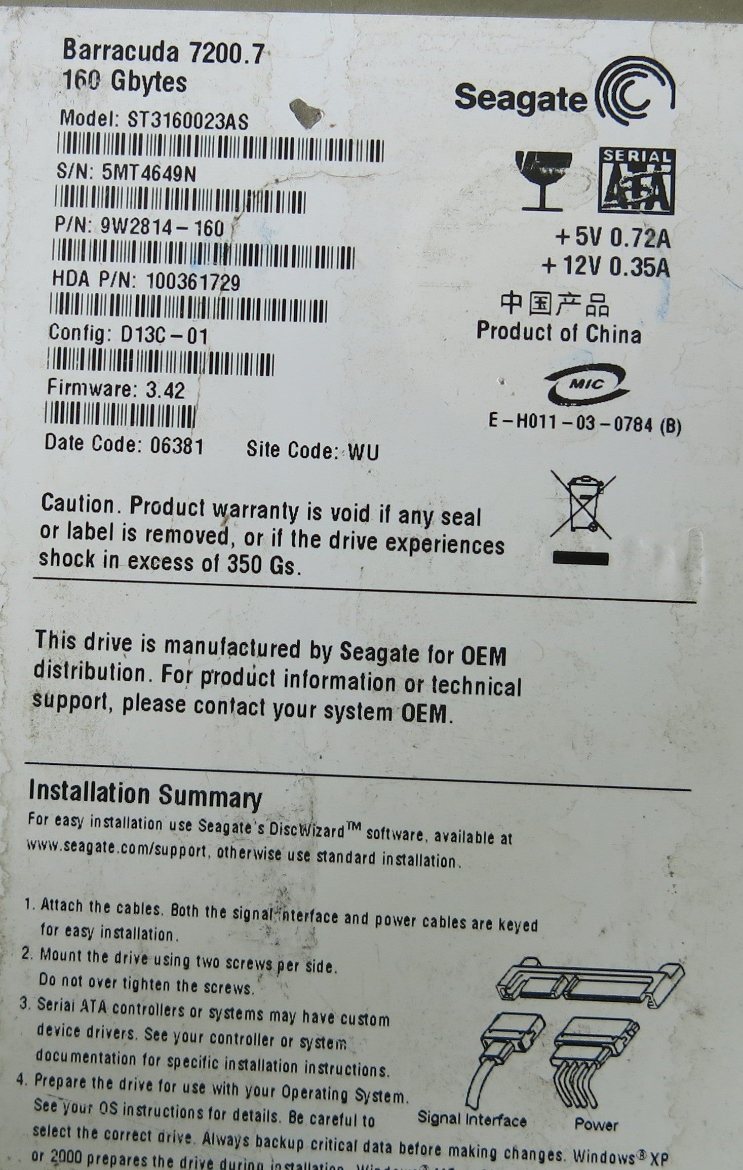 ST3160023AS P/N 9W2814-760 100336321 REV B PCB
