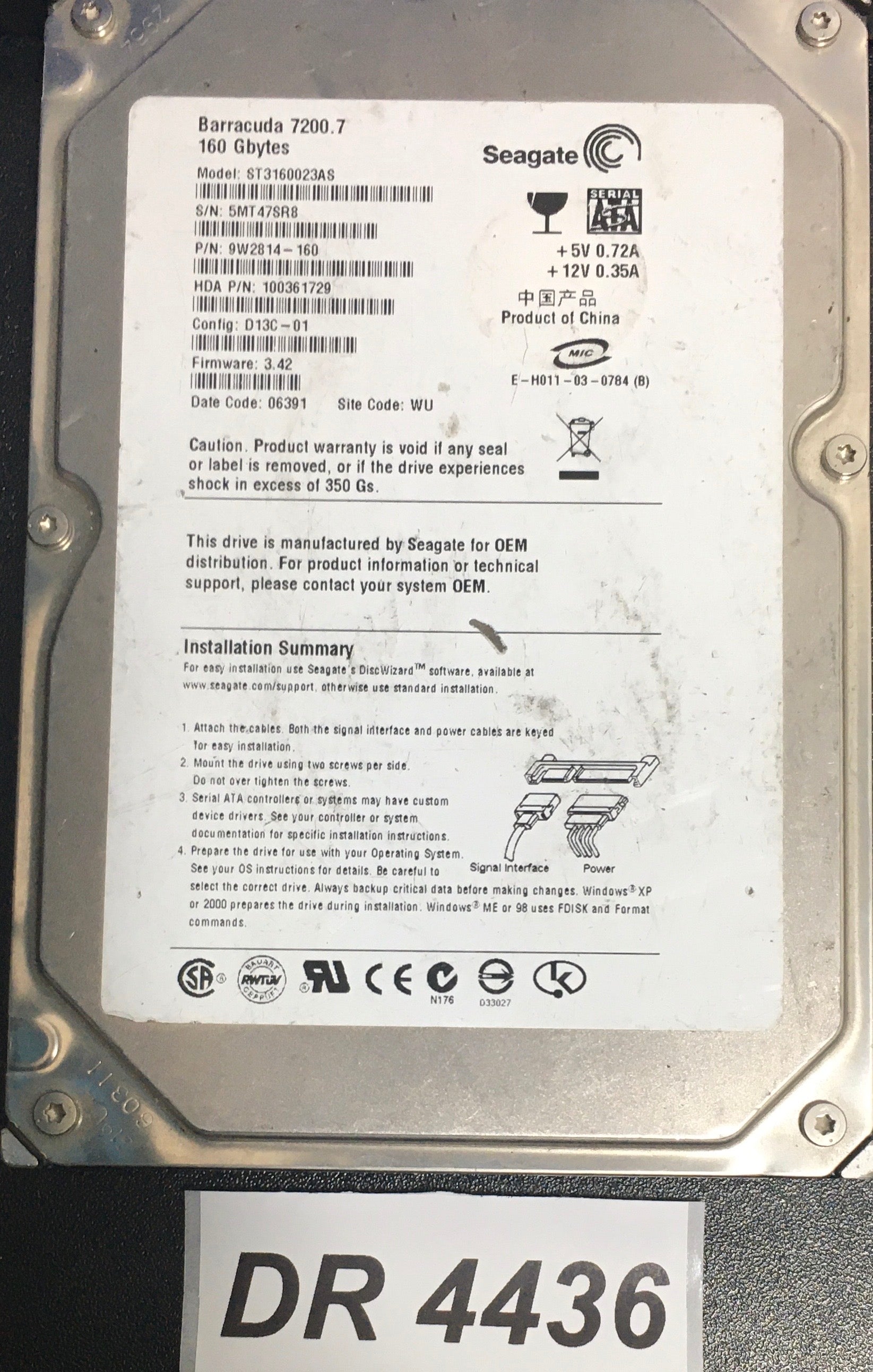 ST3160023AS,  P/N:,9W2814'160,  FW: 3.42,  Serial: 5MT47SR8,  160GB 3.5  PCB:100336321 - REV B
