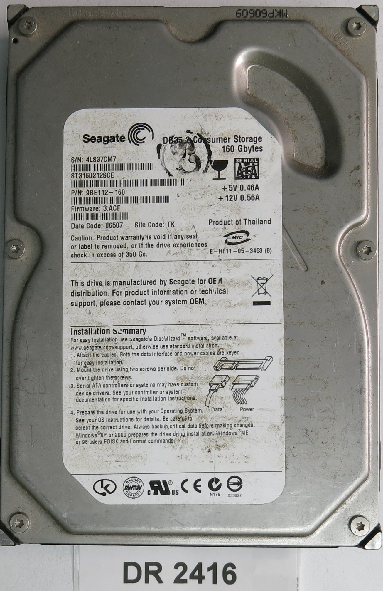 ST3160212SCE, P/N: 9BE112-160, FW: 3.ACF, Serial: 4LS37CM7, 160GB 3.5,  PCB: 100355589 REV C