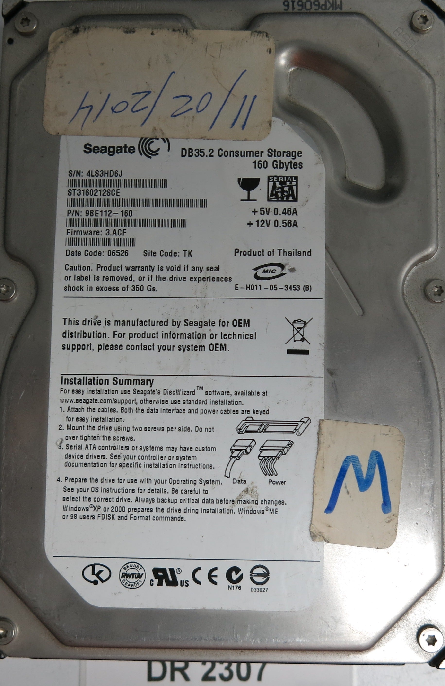 ST3160212SCE, P/N: 9BE112-160, FW: 3.ACF, Serial: 4LS3HD6J, 160GB 3.5, PCB: 100355589 REV C
