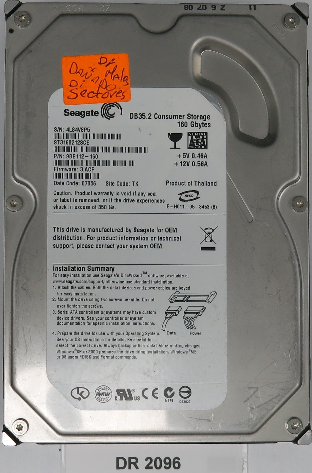 ST3160212SCE, P/N: 9BE112-160, FW: 3.ACF, Serial: 4LS4V8P5, 160GB 3.5, PCB: 100355589 REV C
