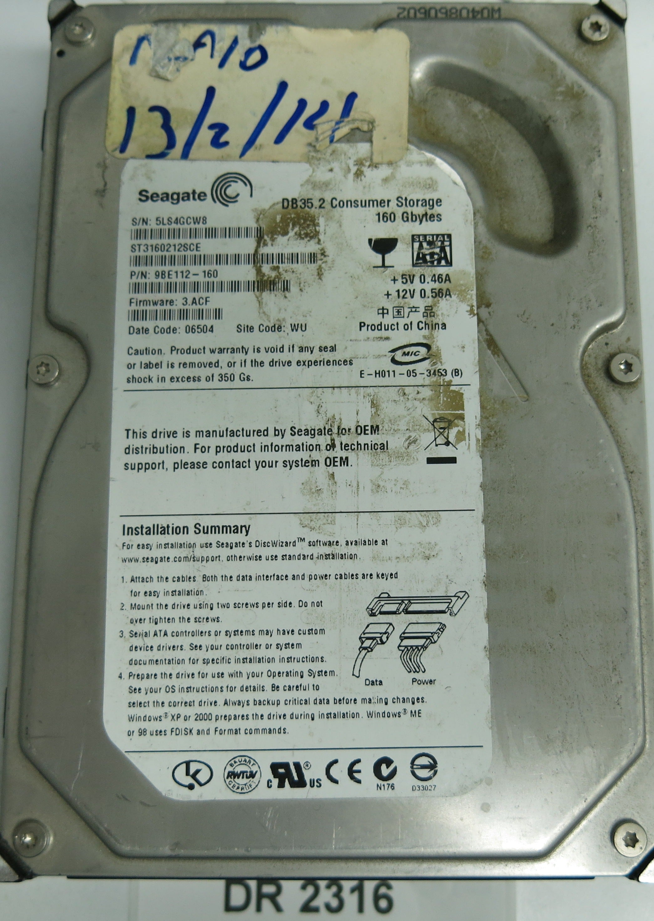 ST3160212SCE, P/N: 9BE112-160, FW: 3.ACF, Serial: 5LS4GCW8, 160GB 3.5