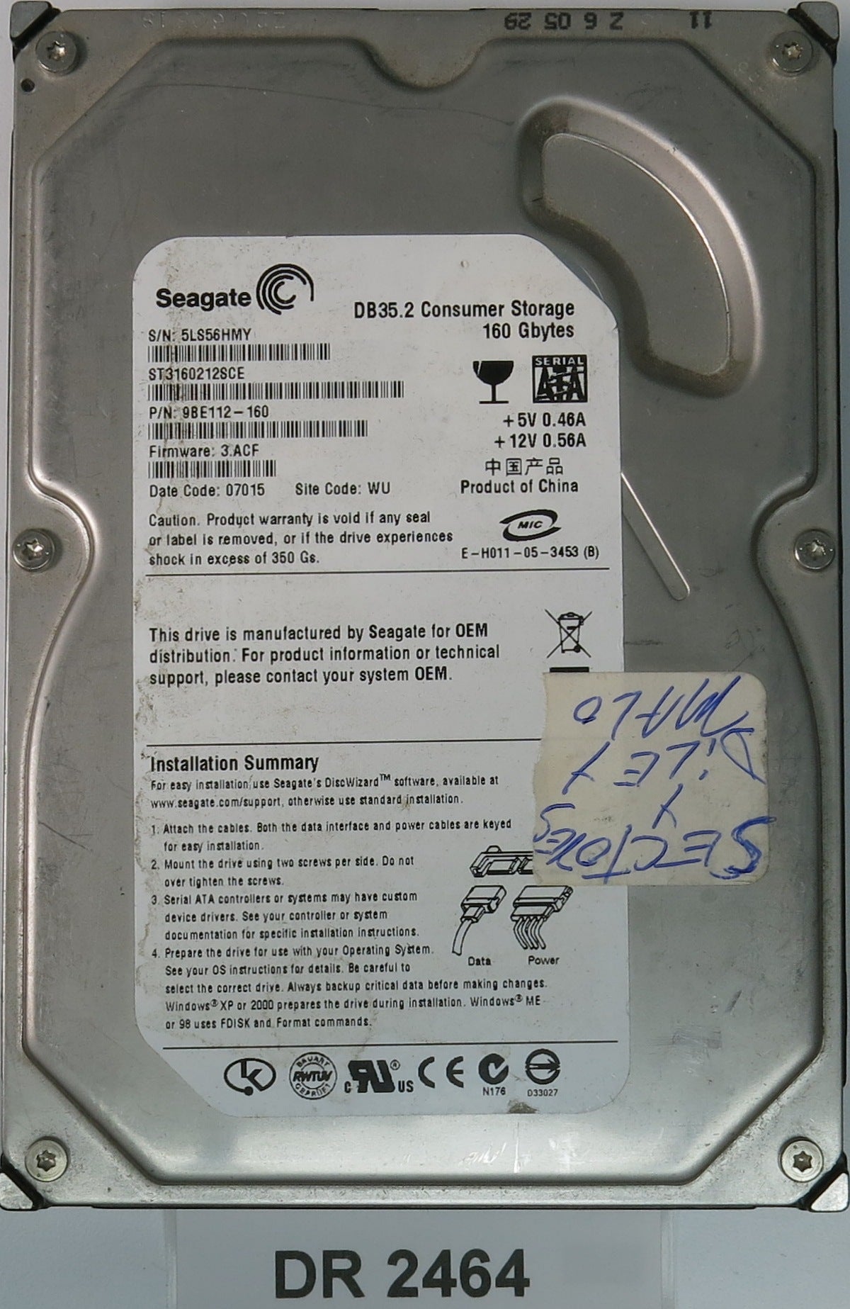 ST3160212SCE, P/N: 9BE112-160, FW: 3.ACF, Serial: 5LS56HMY, 160GB 3.5, PCB: 100355589 REV C