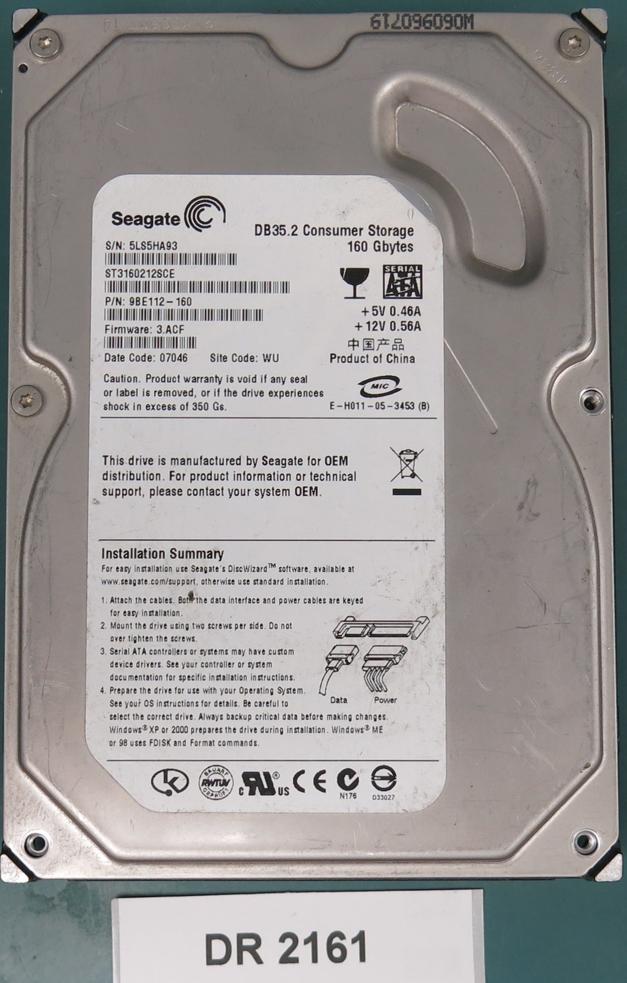 ST3160212SCE, P/N: 9BE112-160, FW: 3.ACF, Serial: 5LS5HA93, 160GB 3.5, PCB: 100355589 REV C