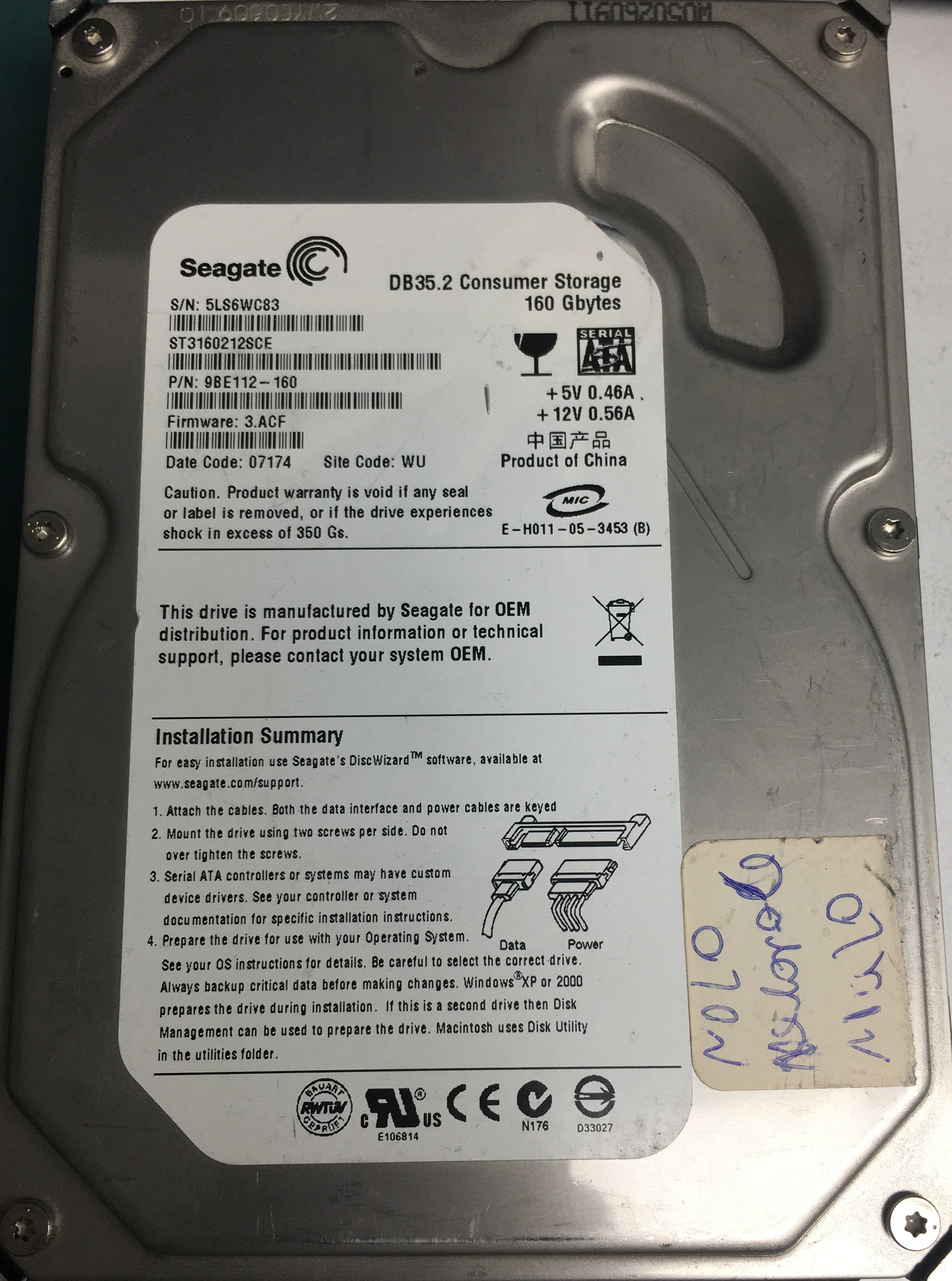 ST3160212SCE, P/N: 9BE112-160, FW: 3.ACF, Serial: 5LS6WC83, 160GB 3.5