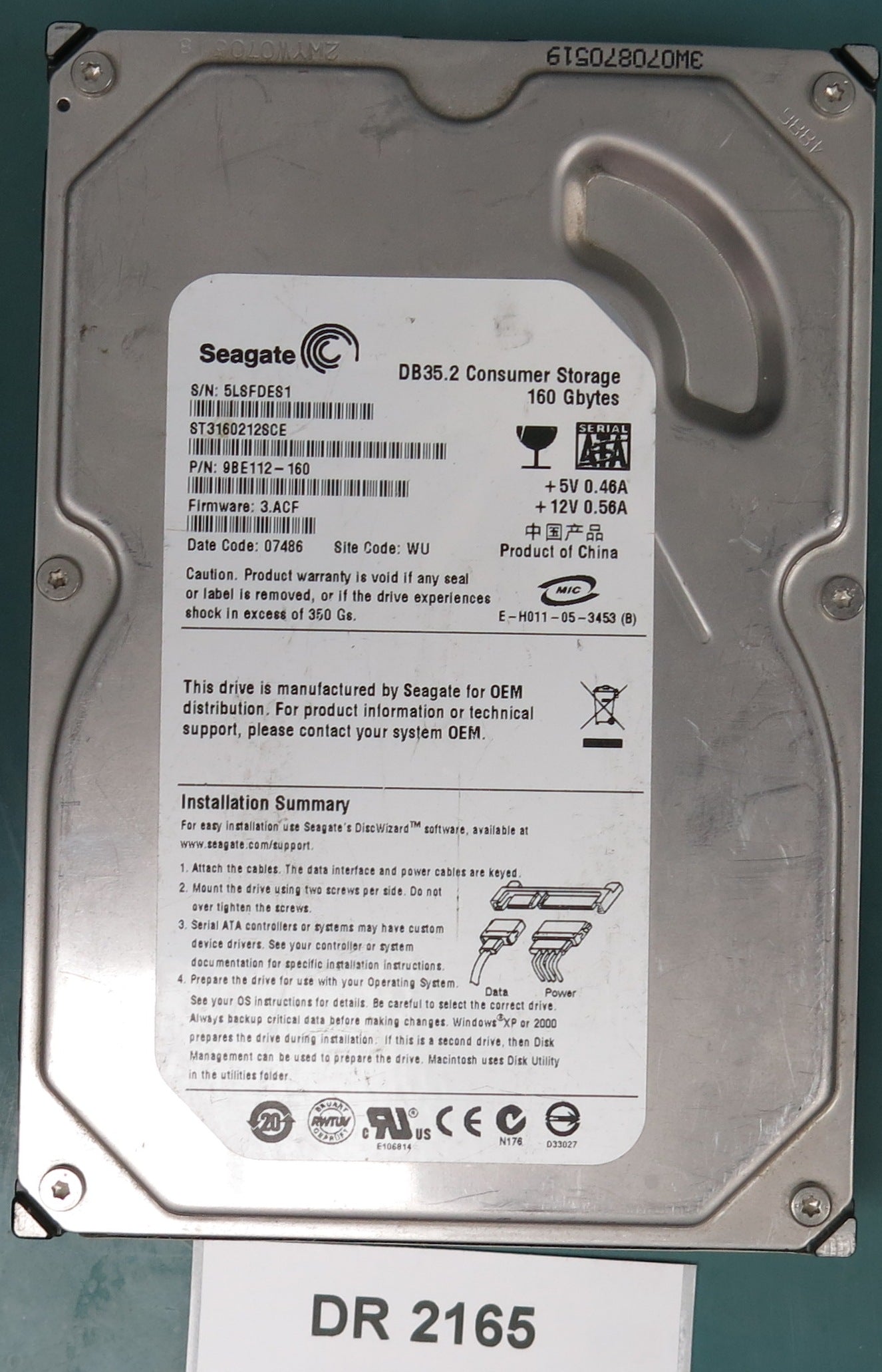 ST3160212SCE, P/N: 9BE112-160, FW: 3.ACF, Serial: 5LSFDES1, 160GB 3.5, PCB: 100355589 REV C