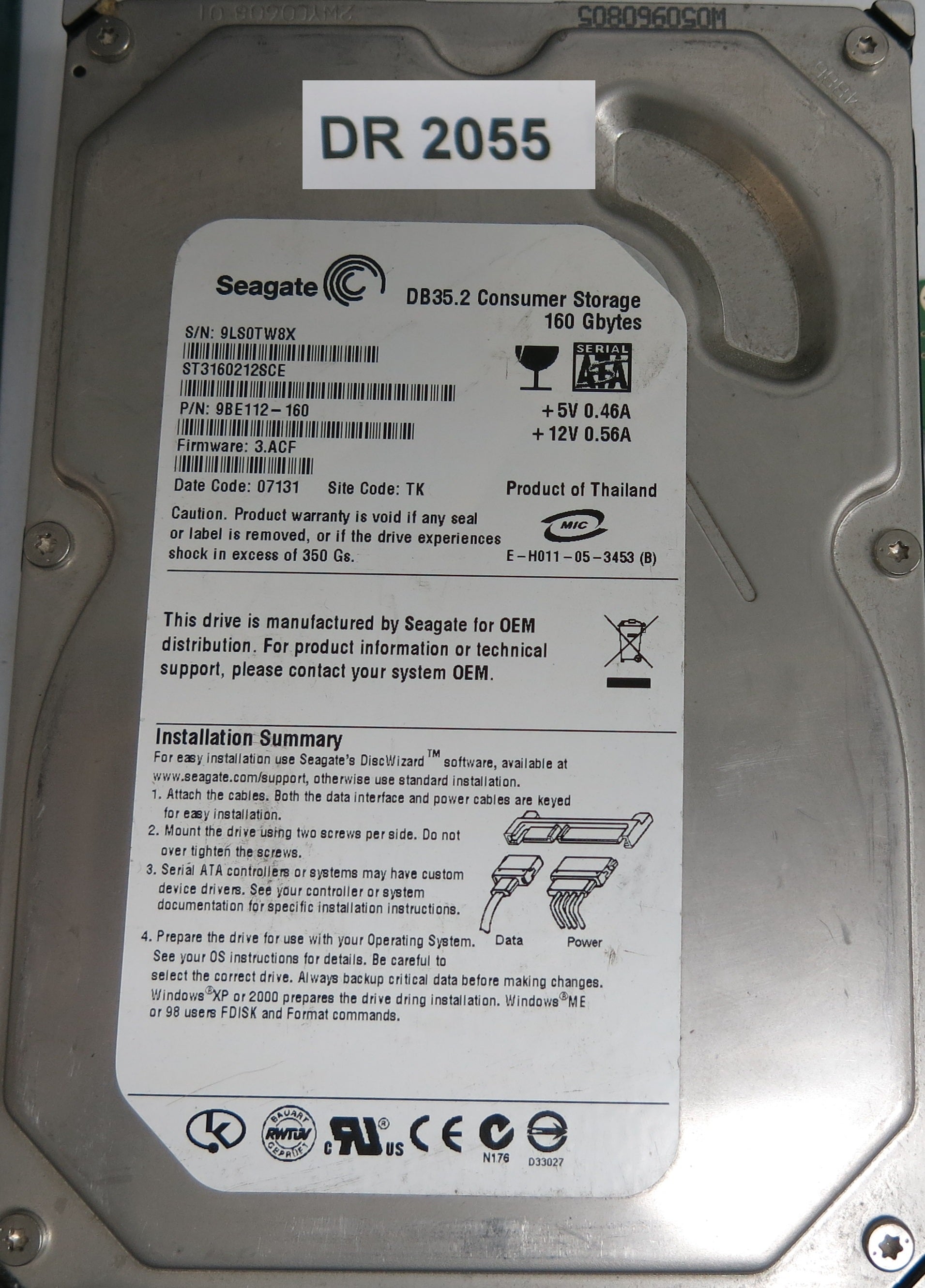 ST3160212SCE P/N: 9BE112-160 FW: 3ACF Serial: 9LS0TW8X 160GB 3.5  PCB: 100355589 REV C