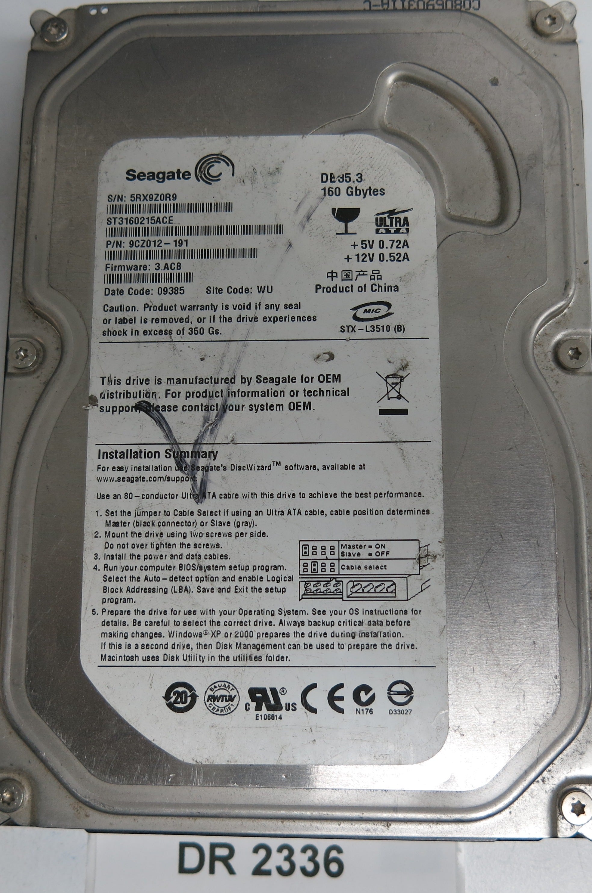 ST3160215ACE, P/N: 9CZ012-191, FW: 3.ACB, Serial: 5RX9Z0R9, 160GB 3.5
