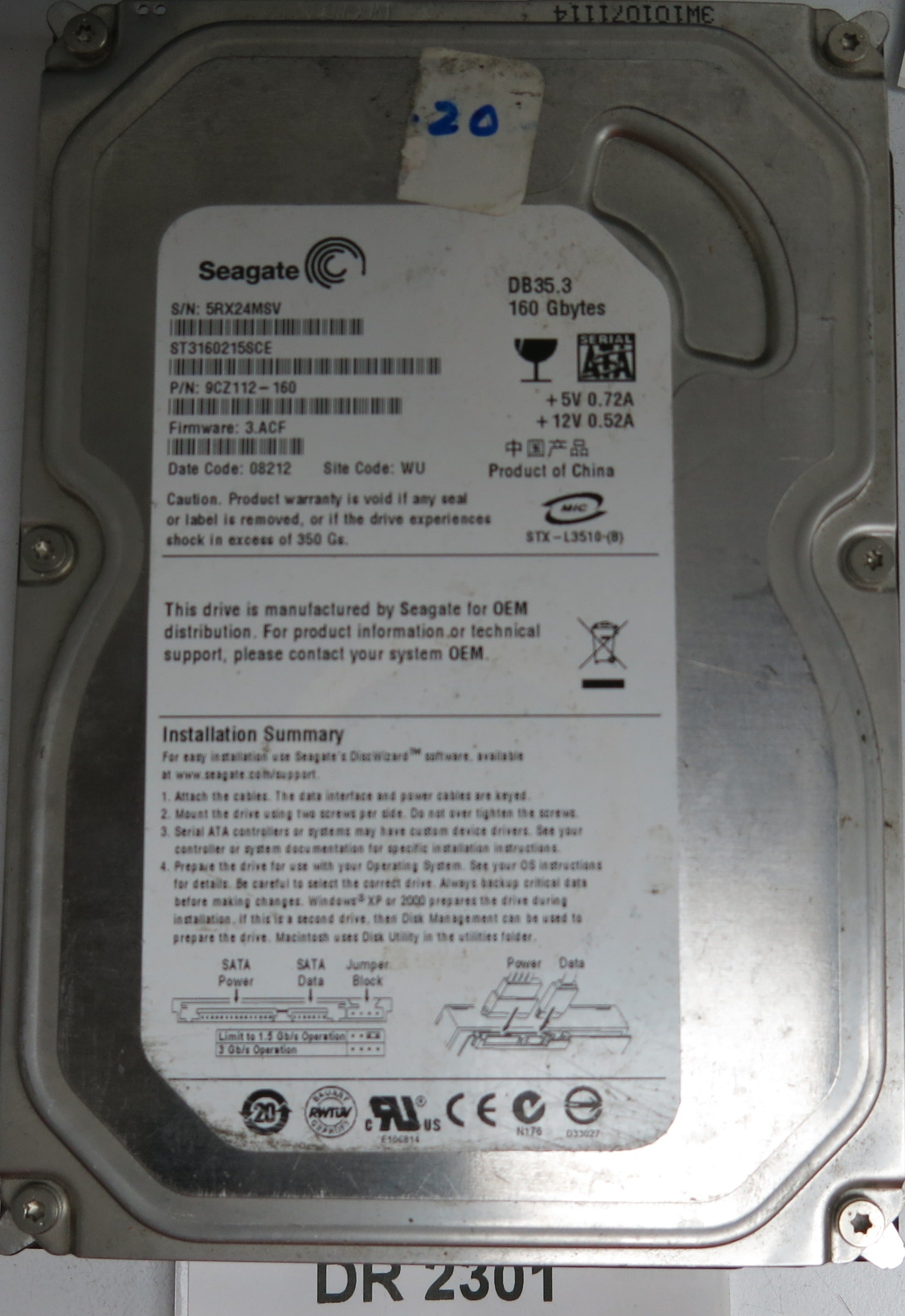 ST3160215SCE, P/N: 9CZ112-160, FW: 3.ACF, Serial: 5RX24MSV, 160GB 3.5, PCB: 100422559 REV C