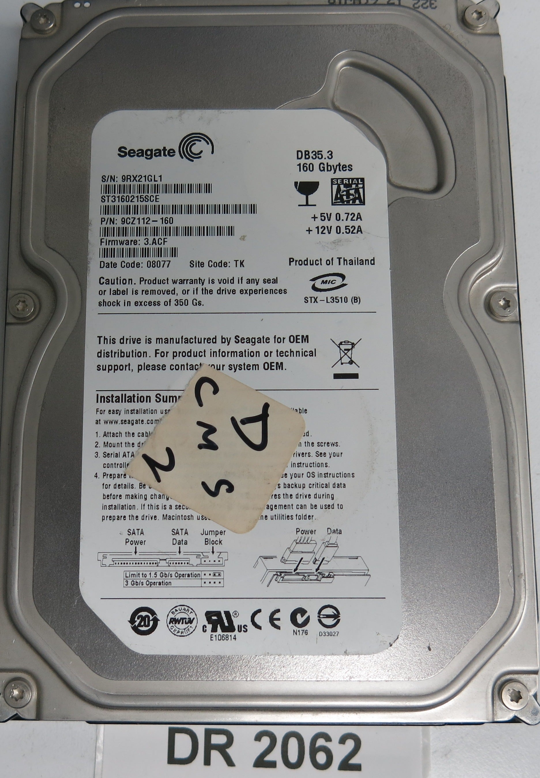 ST3160215SCE P/N: 9CZ112-160 FW: 3.ACF Serial: 9RX21GL1 160GB 3.5 PCB: 100422559 REV C