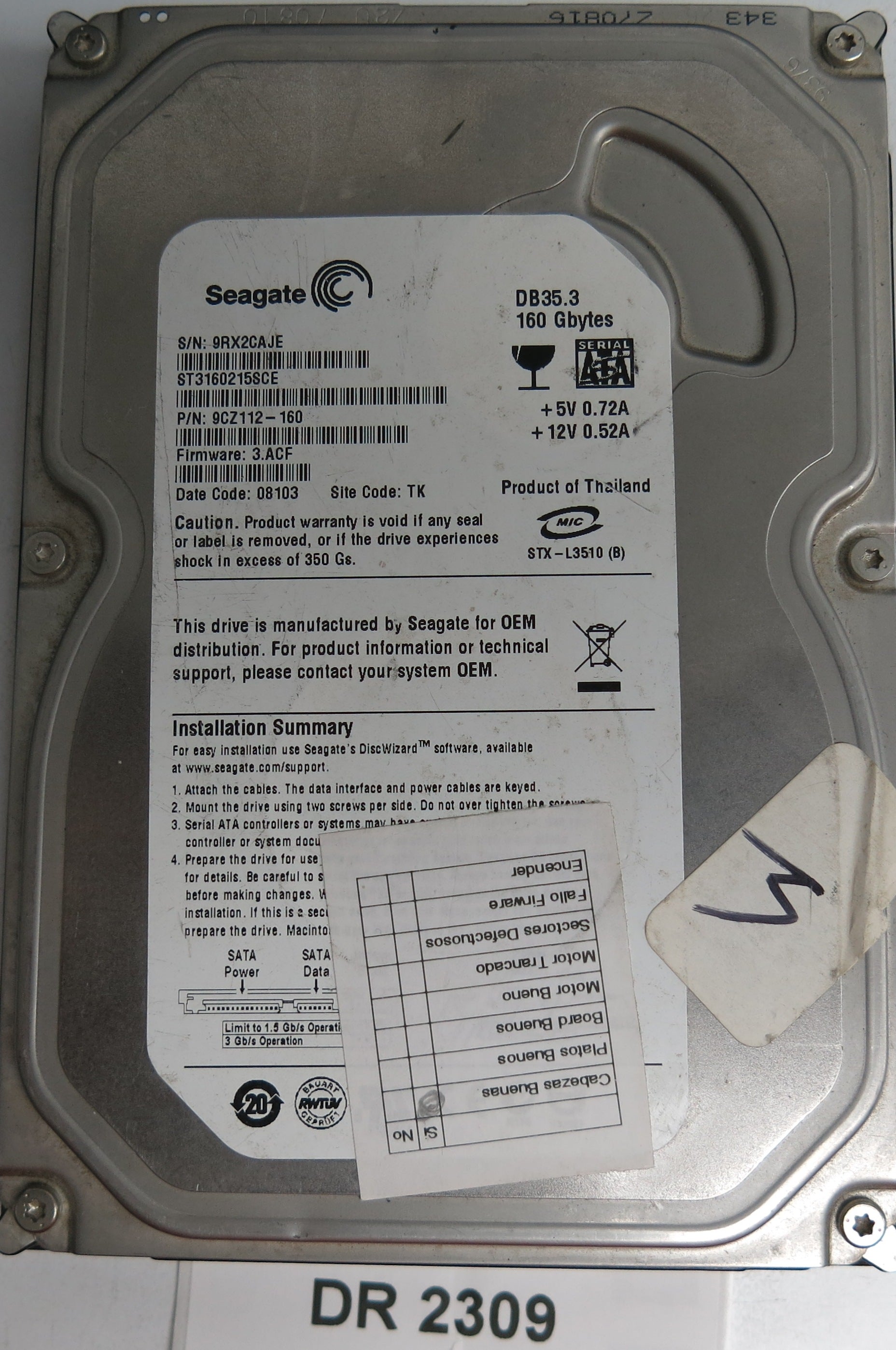 ST3160215SCE, P/N: 9CZ112-160, FW: 3.ACF, Serial:9RX2CAJE, 160GB 3.5, PCB: 100422559 REV C