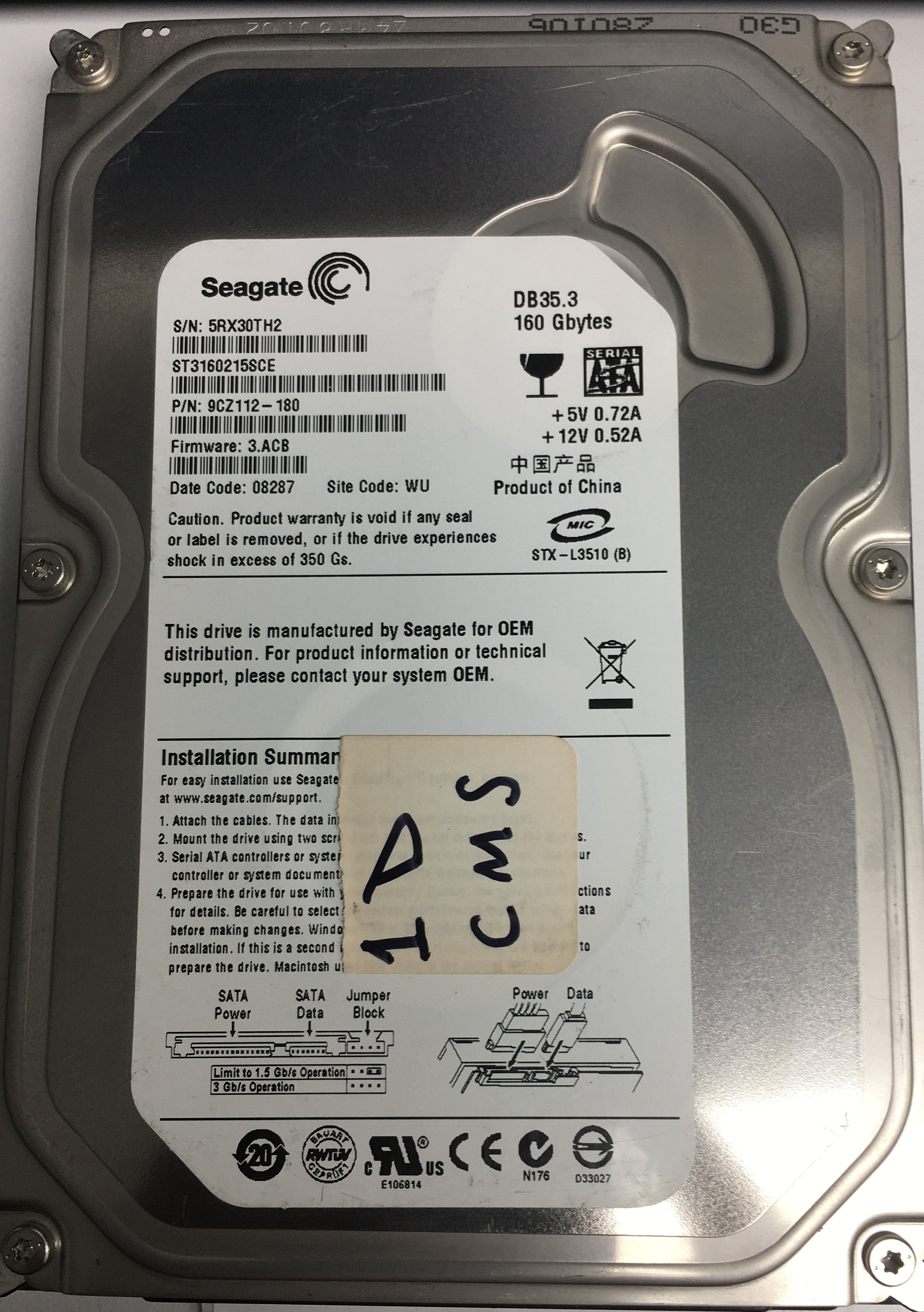 ST3160215SCE P/N: 9CZ112-180 FW: 3.ACB Serial: 5RX30TH2 160GB 3.5  PCB: 100422559  REV C