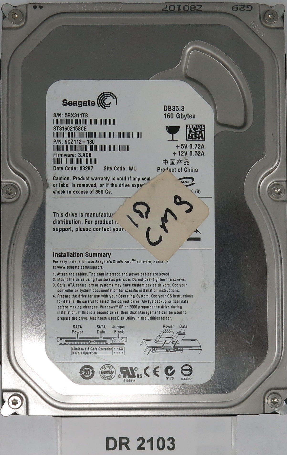 ST3160215SCE, P/N: 9CZ112-180, FW: 3.ACB, Serial: 5RX311TB, 160GB 3.5, PCB: 100422559 REV C