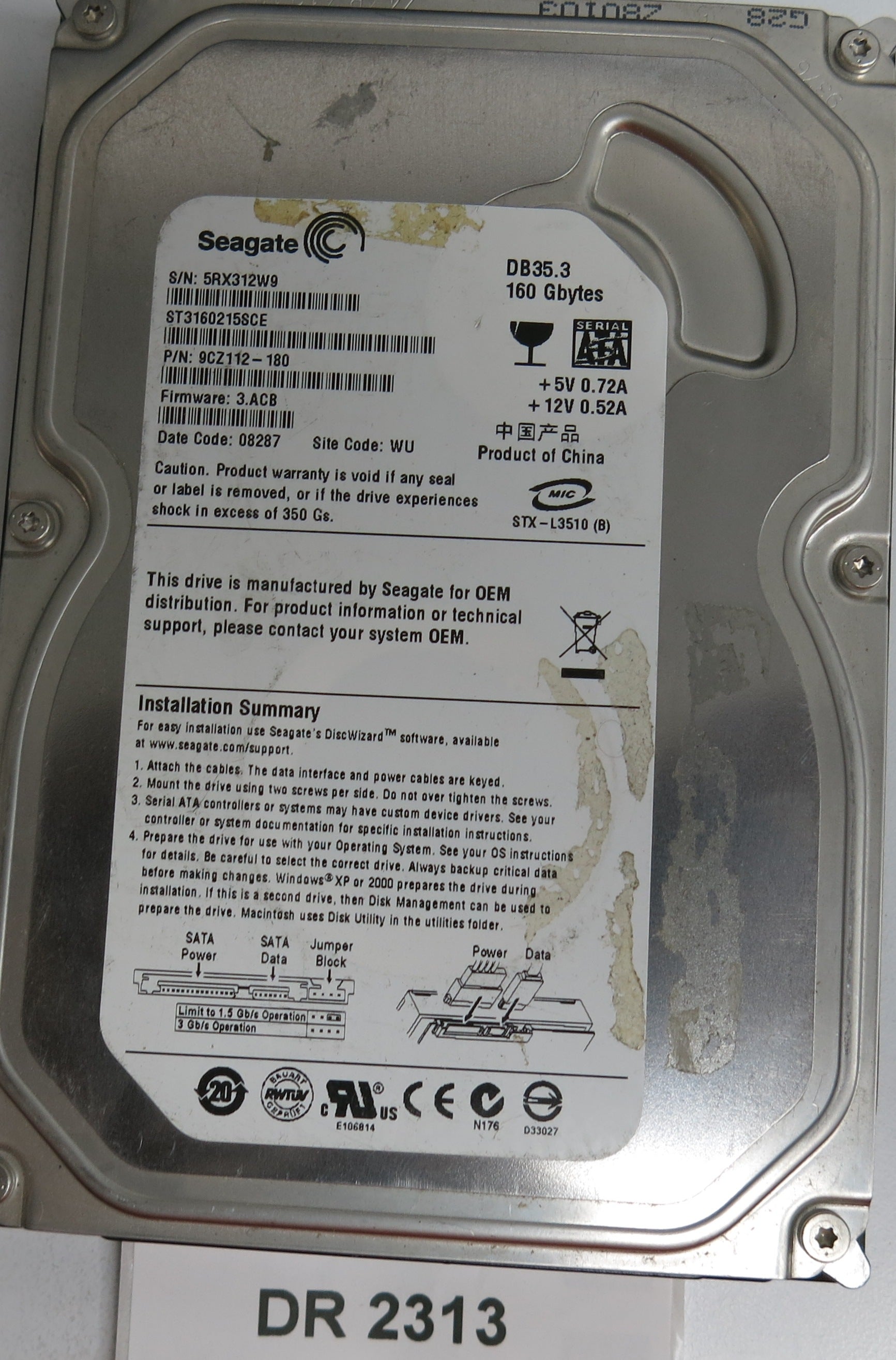 ST3160215SCE, P/N: 9CZ112-180, FW: 3.ACB, Serial: 5RX312W9, 160GB 3.5 PCB:, 100422559 REV C