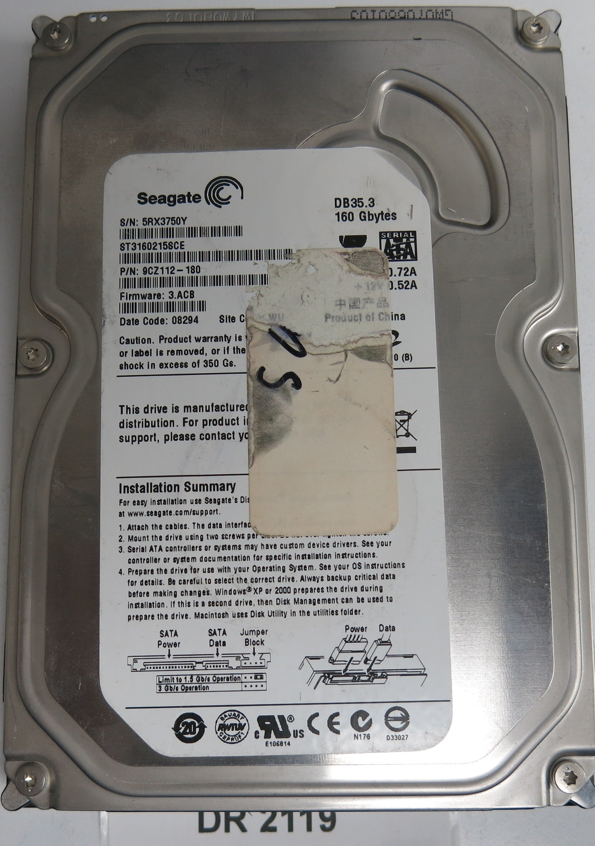 ST3160215SCE, P/N: 9CZ112-180, FW: 3.ACB, Serial: 5RX3750Y, 160GB 3.5, PCB: 100422559 REV C